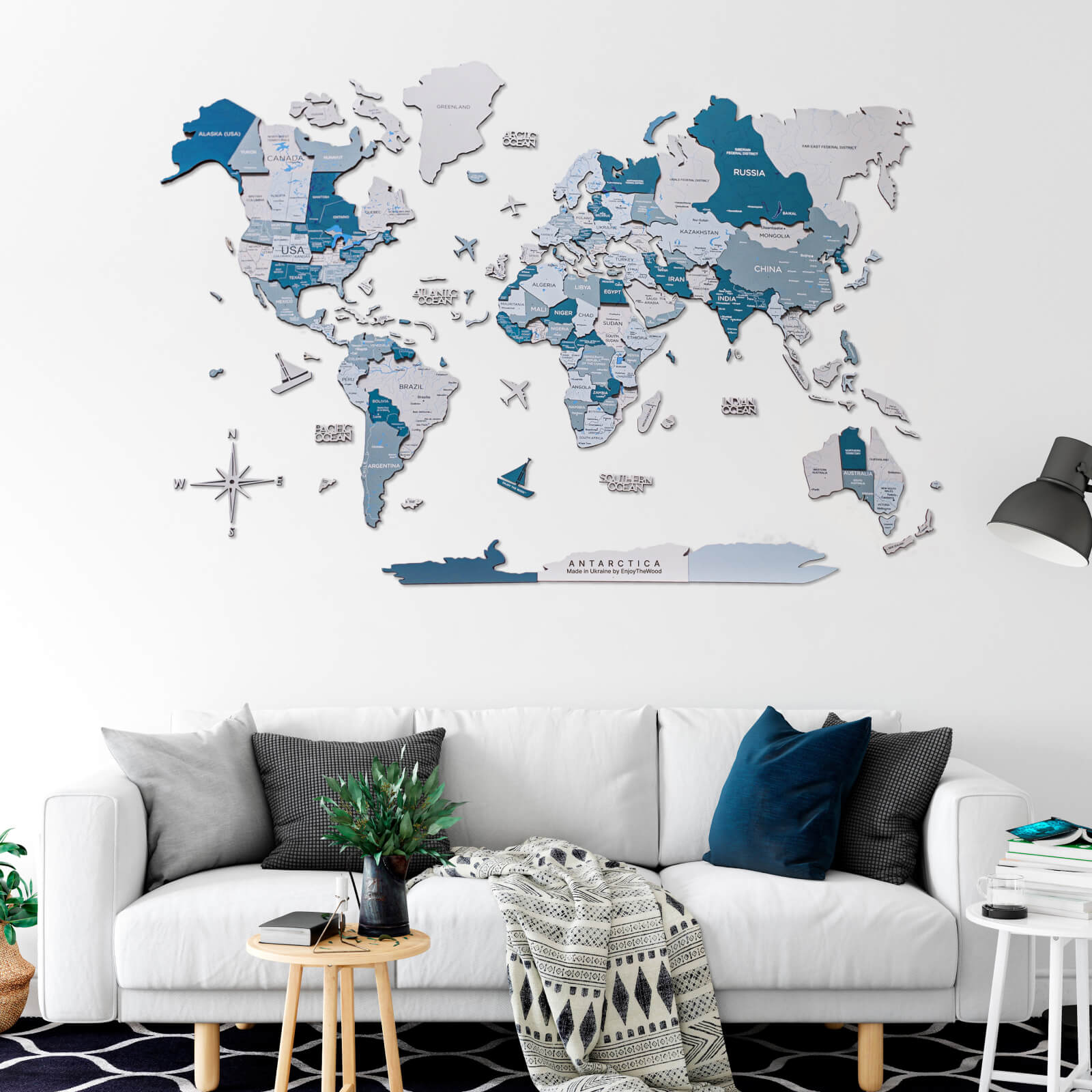 Mappa del mondo 3D in legno Aqua in soggiorno moderno