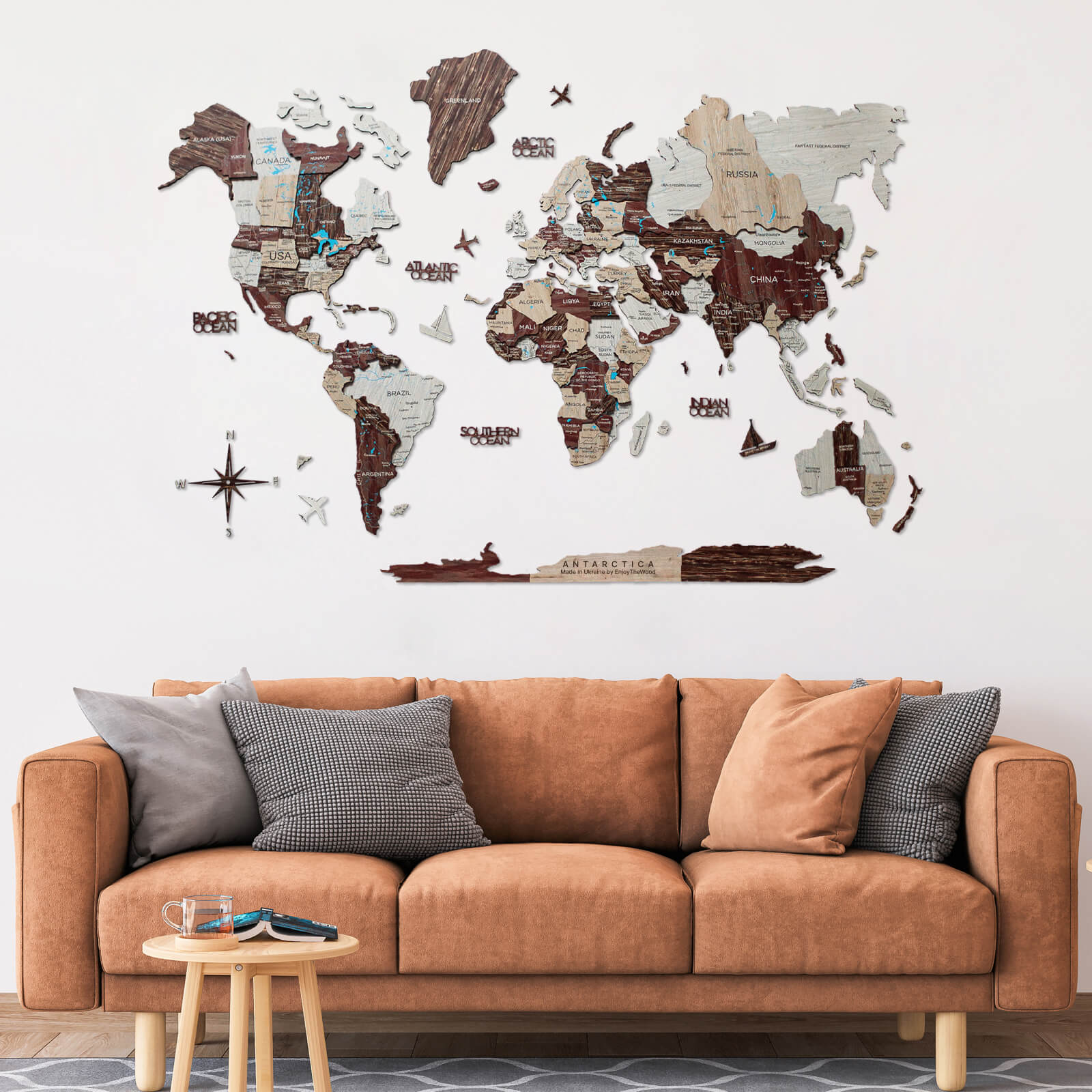 Mappa del mondo 3D in legno Cappuccino decorazione da parete