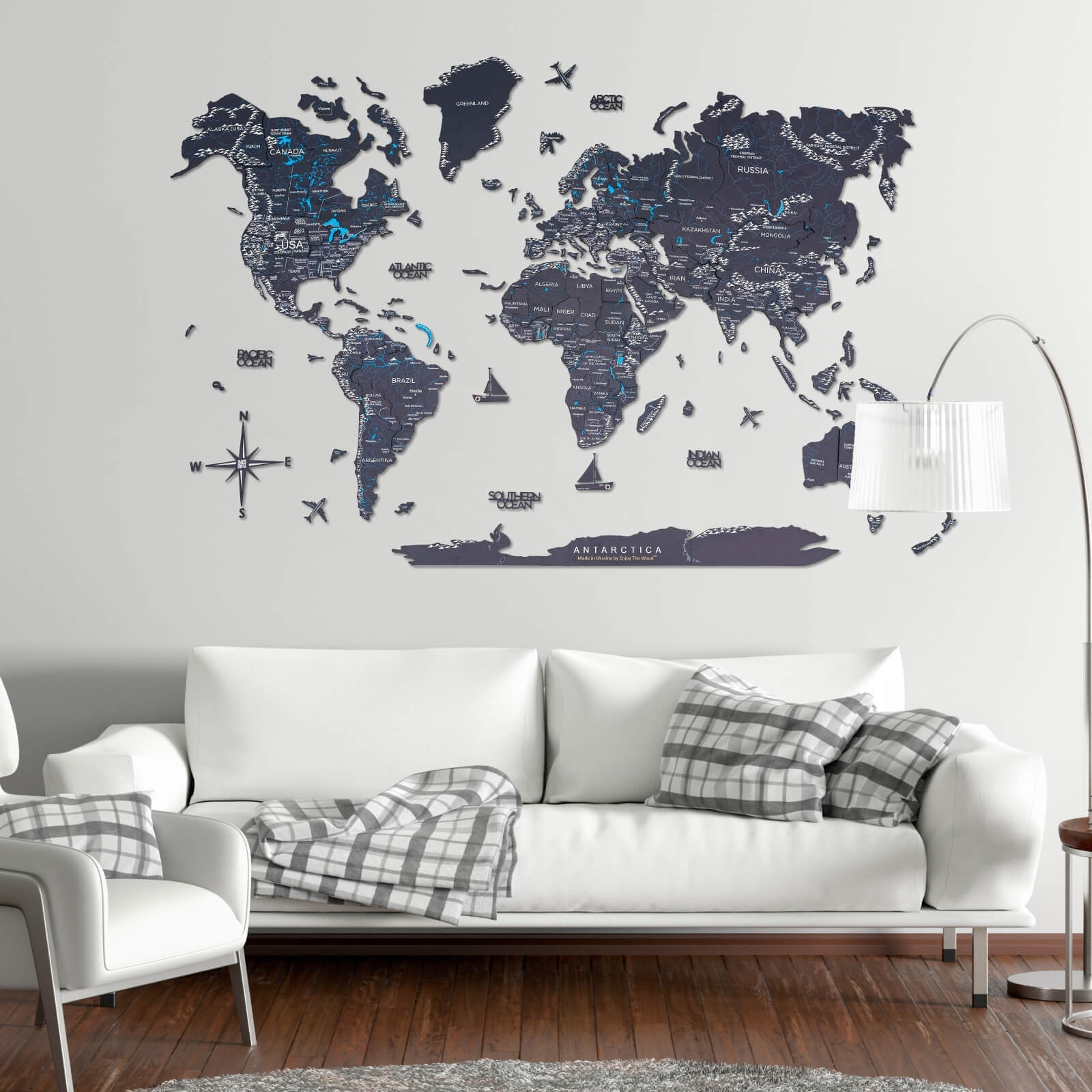 Mappa del Mondo 3D in Legno Midnight