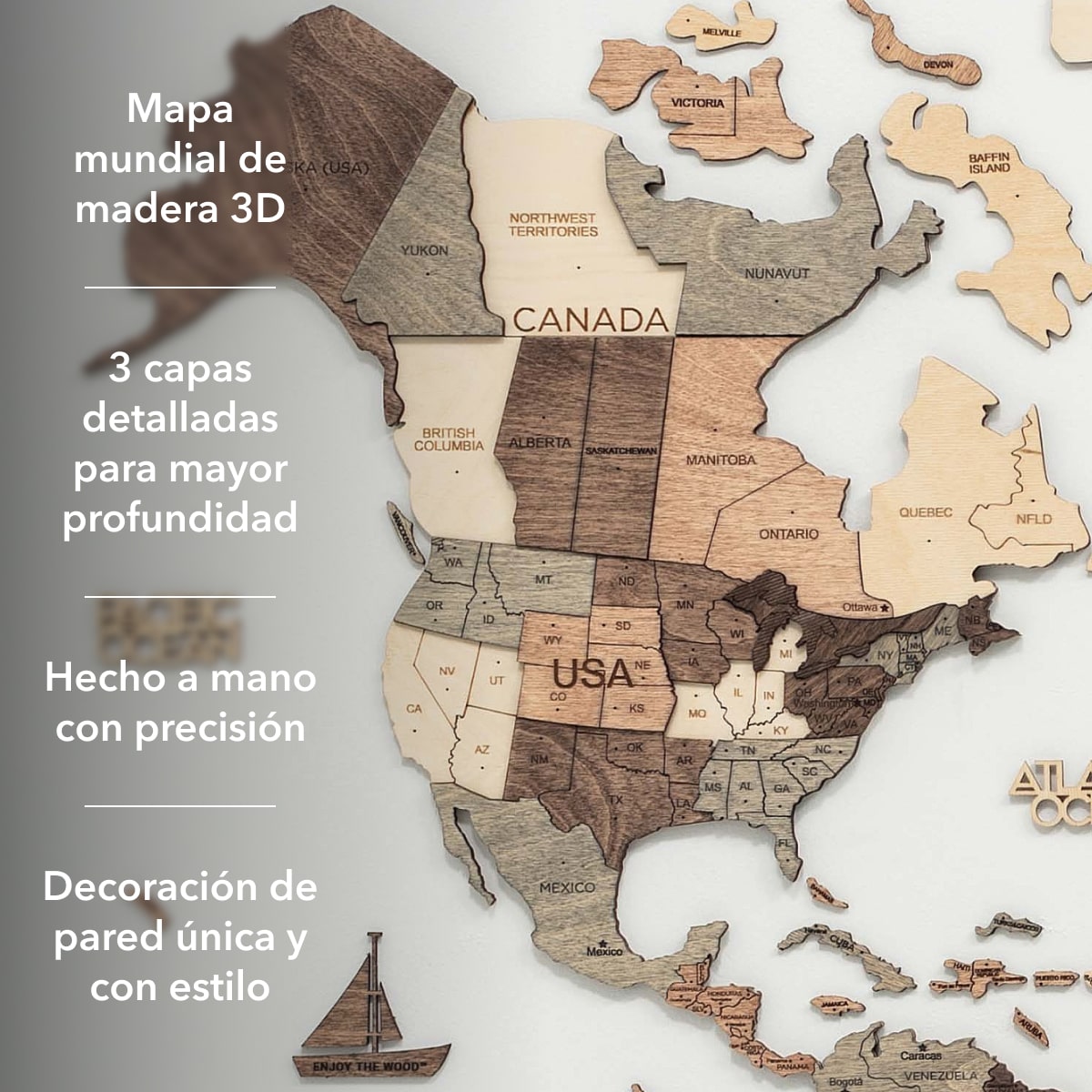 Mappa del Mondo 3D in Legno Smokey