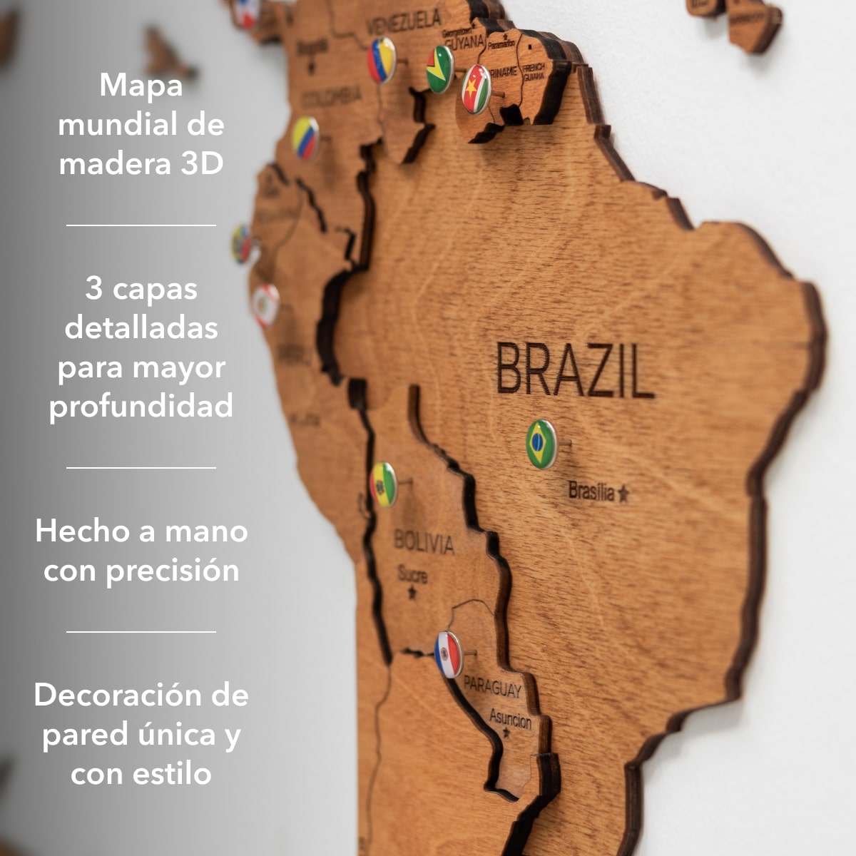 Mappa del Mondo 3D in Legno Rovere