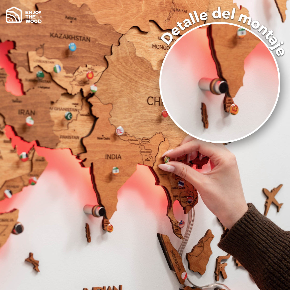 Mappa del Mondo 3D in Legno con Luce LED 3.0 Rovere