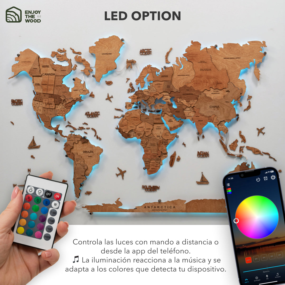Mappa del Mondo 3D in Legno con Luce LED 3.0 Rovere