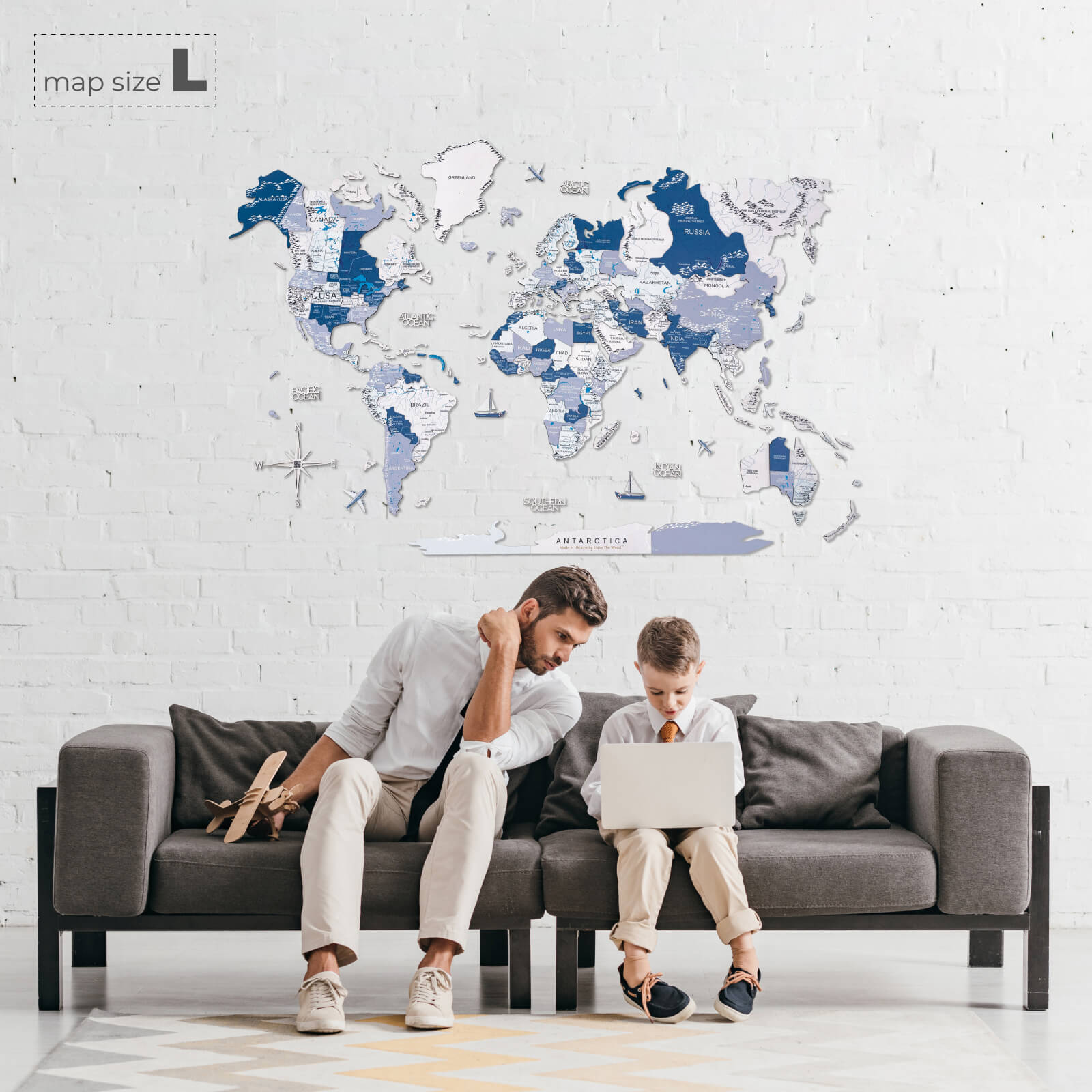 Mappa del mondo 3D in legno Aqua in soggiorno moderno