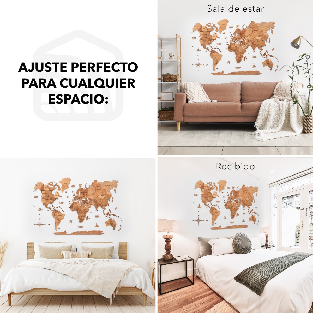 Mappa del Mondo 3D in Legno Rovere