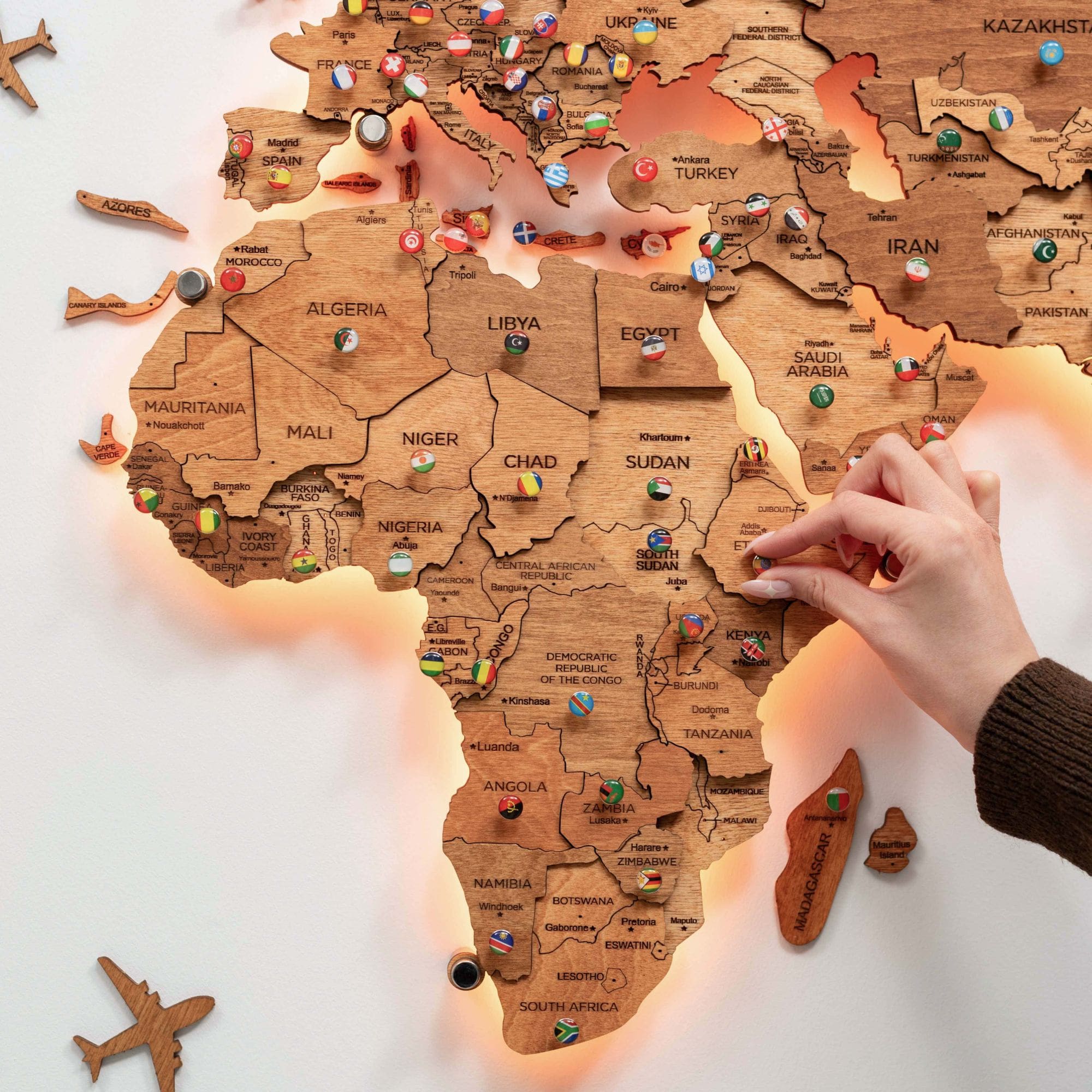 Mappa del Mondo 3D in Legno con Luce LED 3.0 Rovere