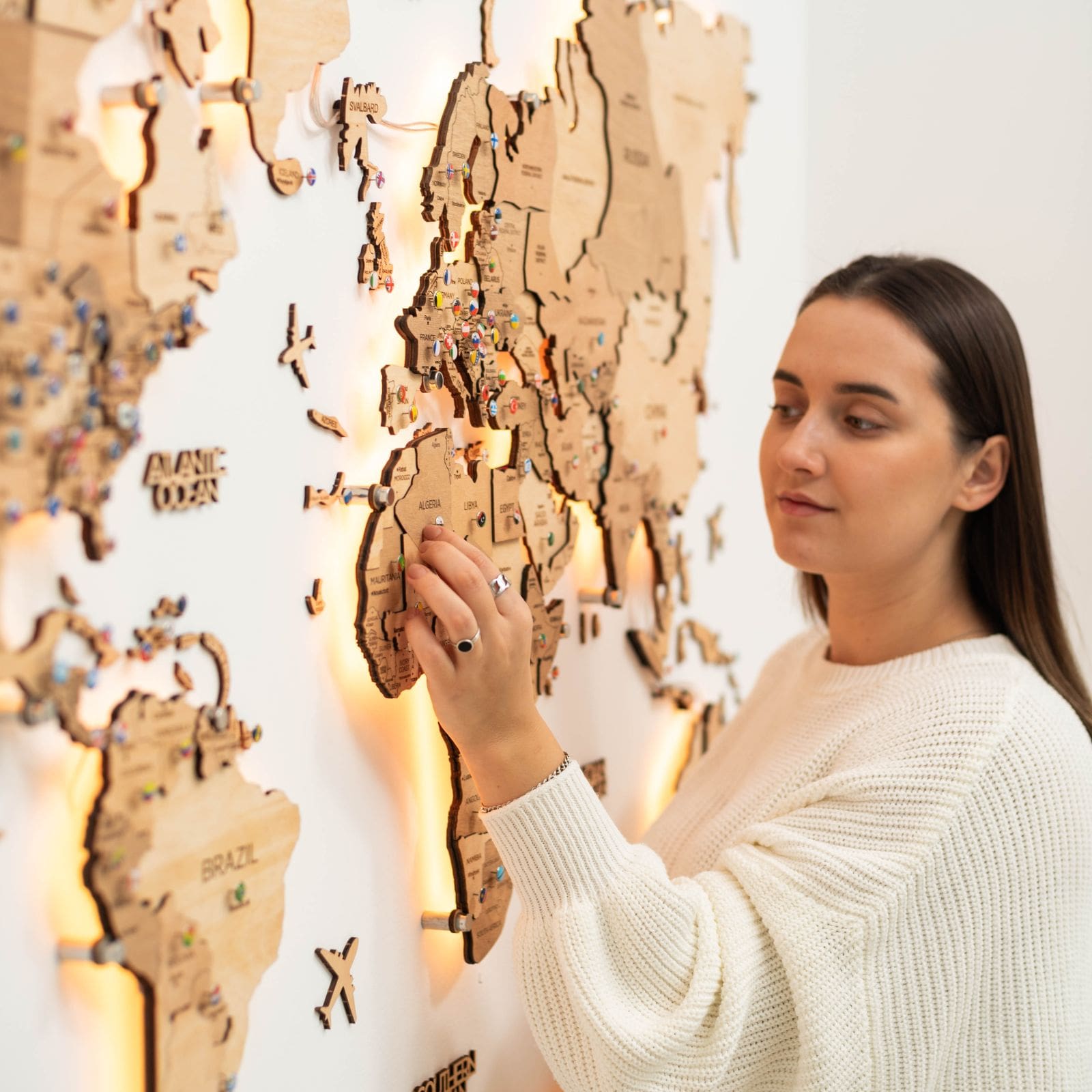 Mappa del Mondo 3D in Legno con Luce LED 3.0 Chiaro