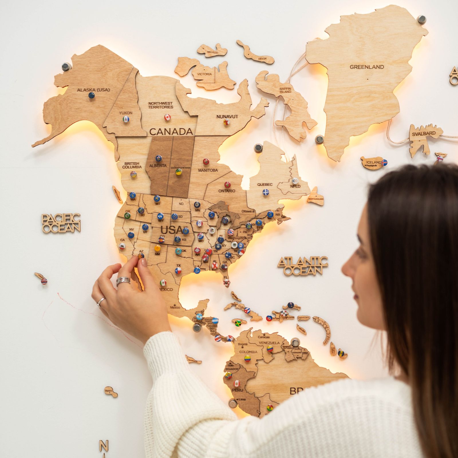 Mappa del Mondo 3D in Legno con Luce LED 3.0 Chiaro