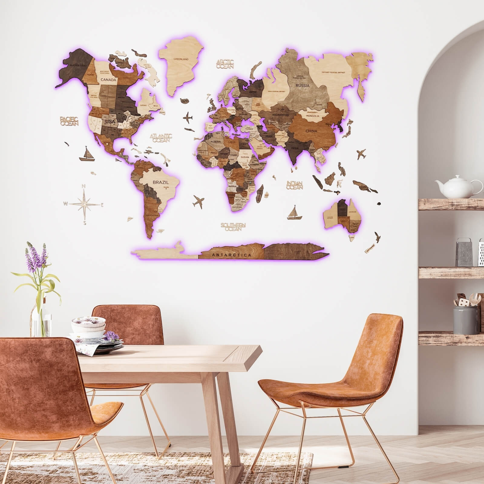 Mappa del Mondo 3D in Legno con Luce LED 3.0 Multicolore