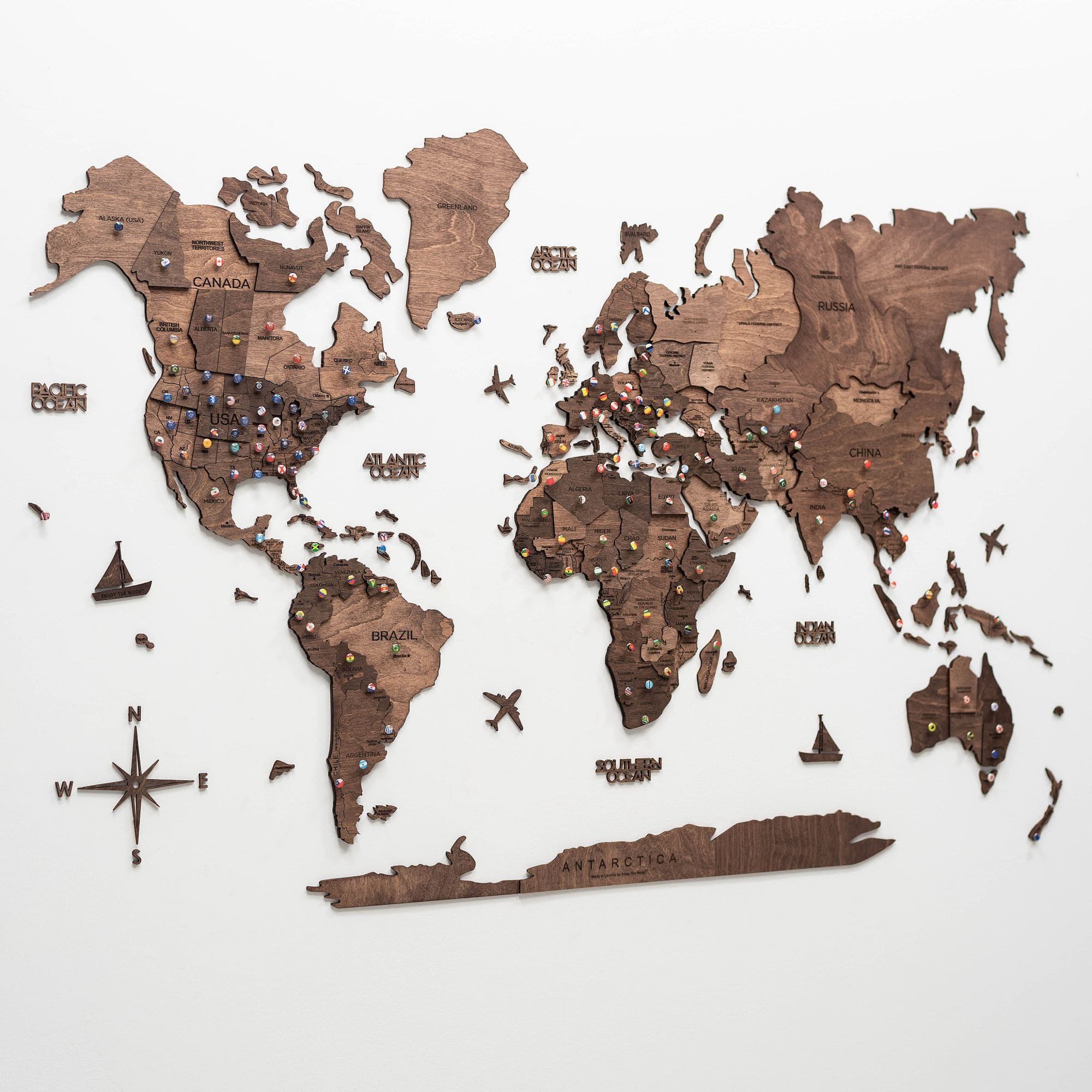 Mappa del Mondo 3D in Legno Noce Scuro