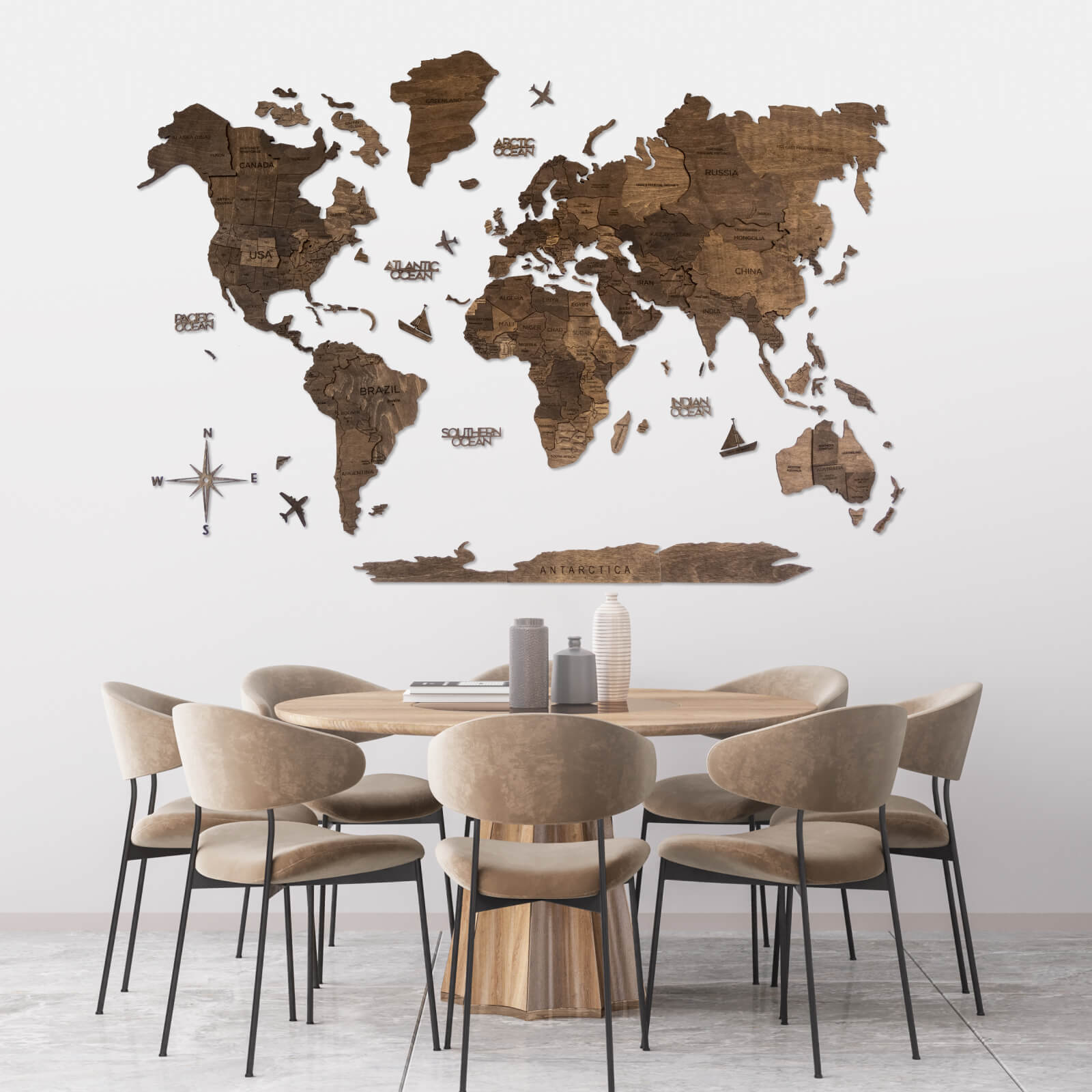 Mappa del Mondo 3D in Legno Noce Scuro