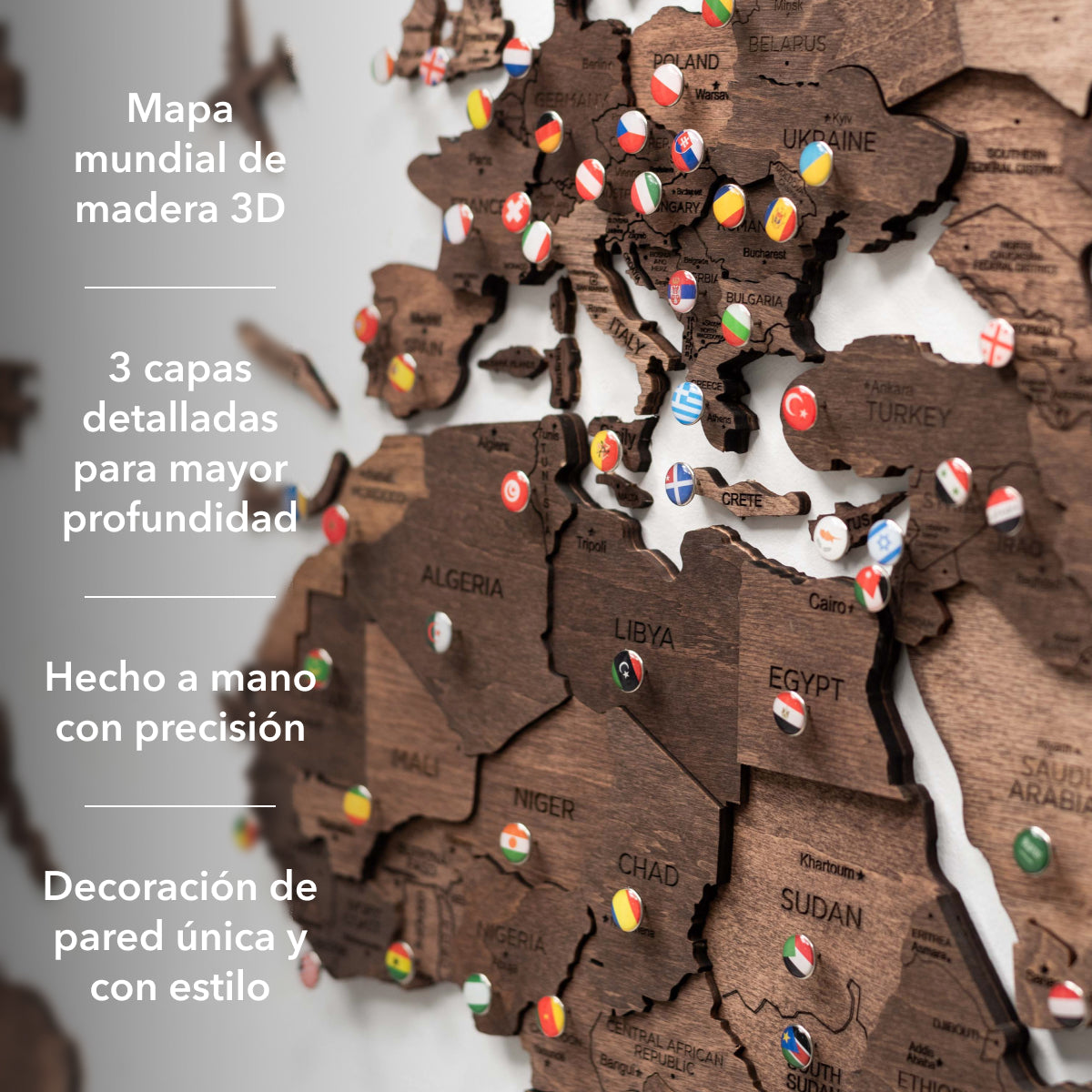 Mappa del Mondo 3D in Legno Noce Scuro