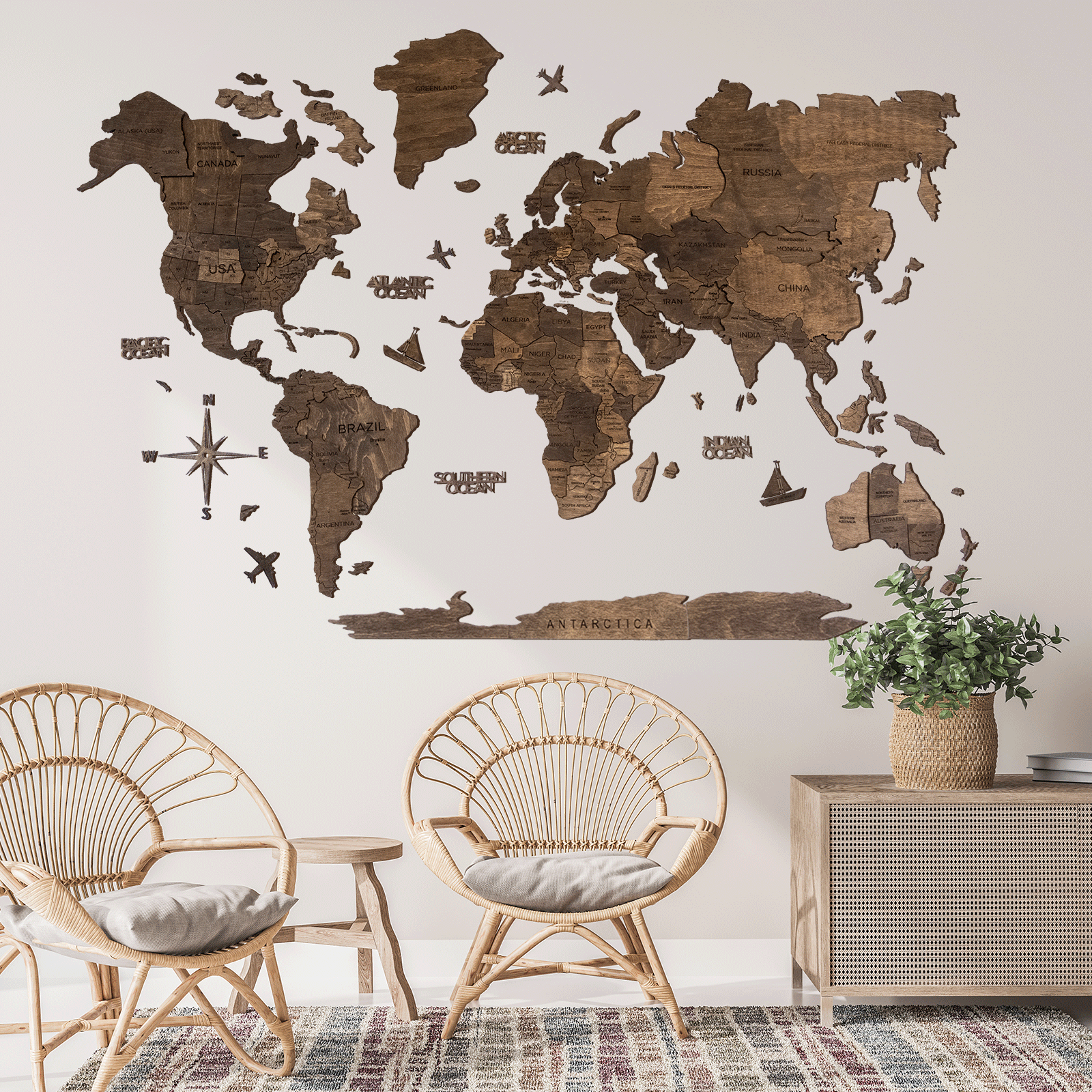 Mappa del Mondo 3D in Legno Noce Scuro