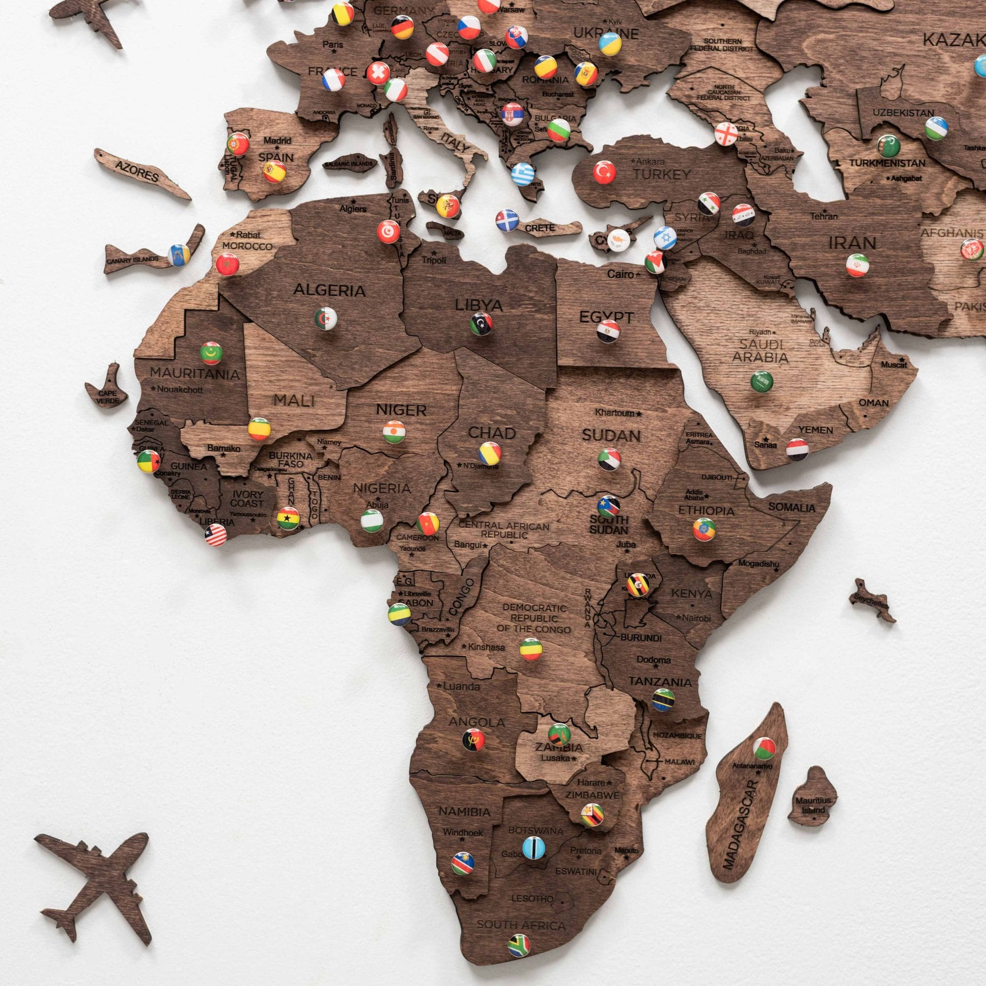 Mappa del Mondo 3D in Legno Noce Scuro