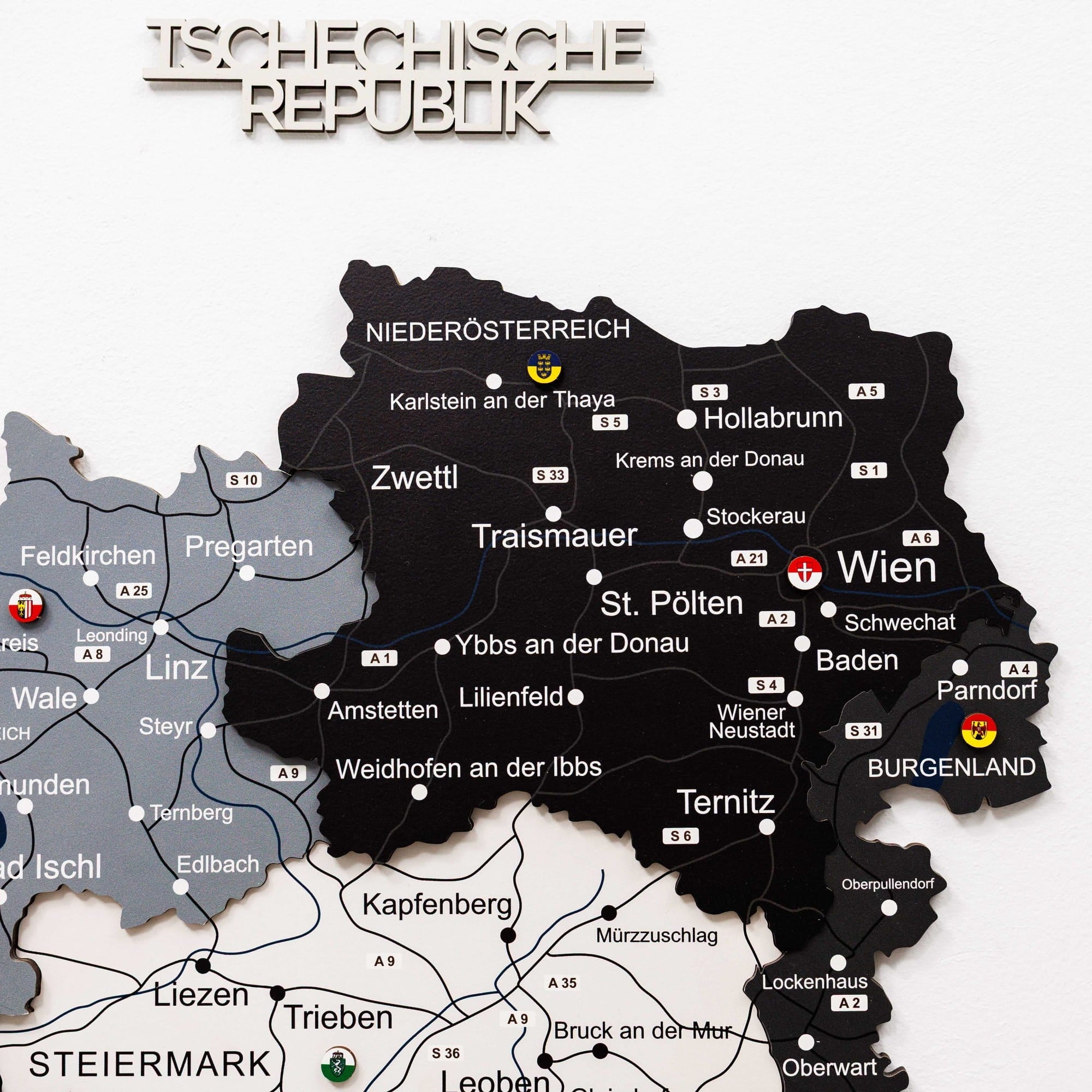 Map of Austria with cities labeled, featuring black and gray colors on a white background.