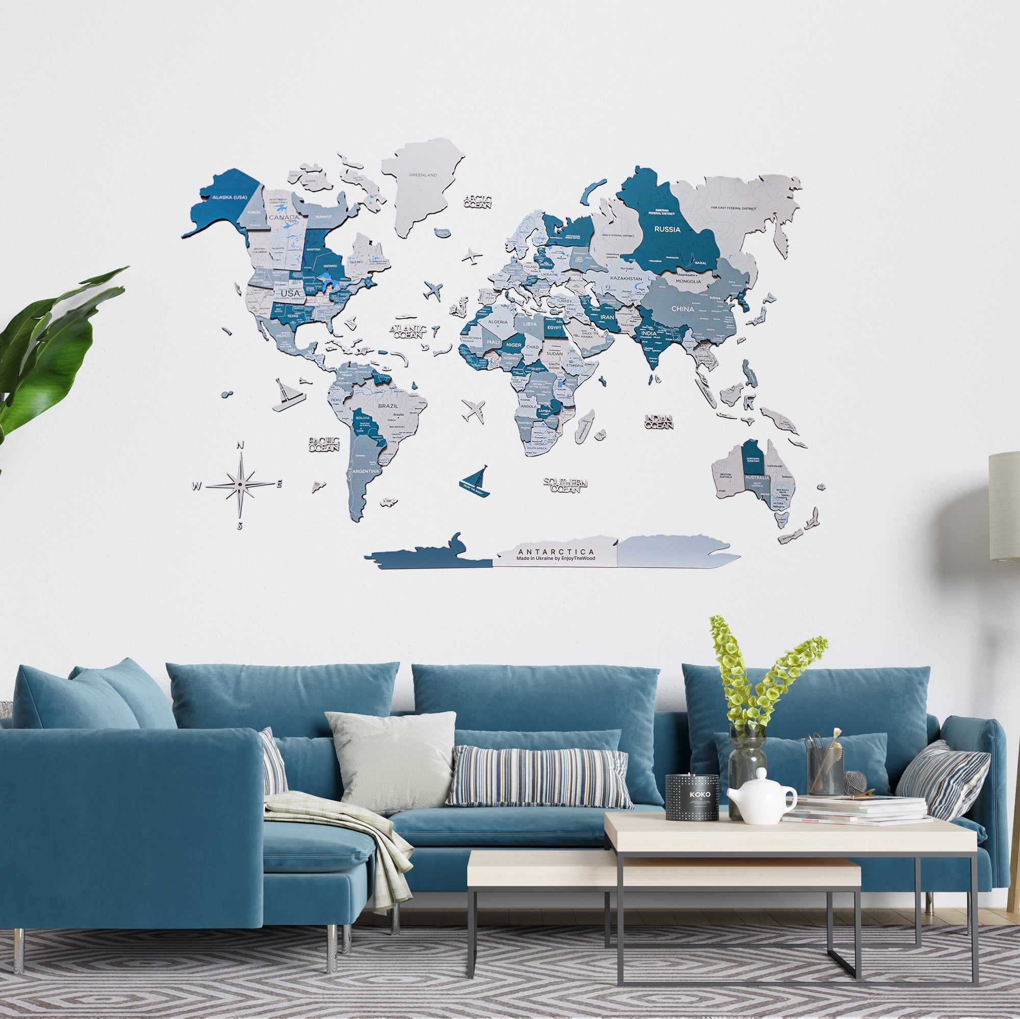 Mappa del mondo 3D in legno Aqua in soggiorno moderno