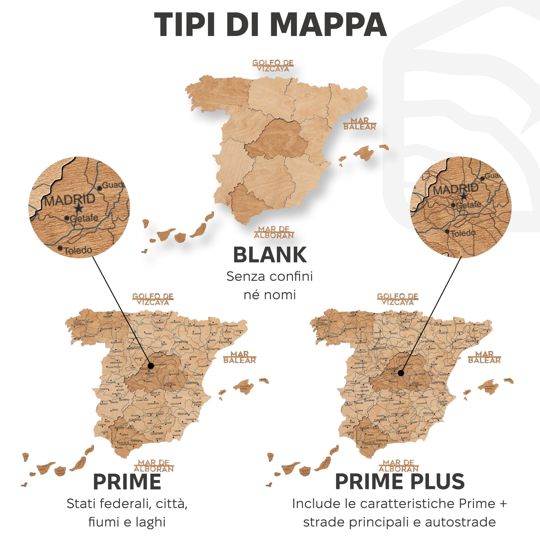 Mappa della Spagna in legno Gold