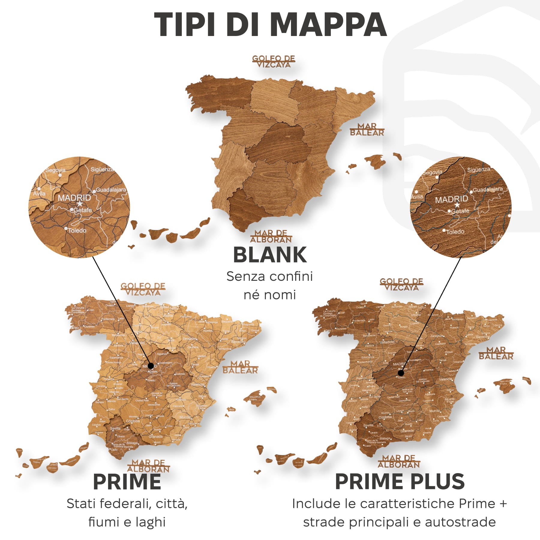 Mappa della Spagna in legno Oak