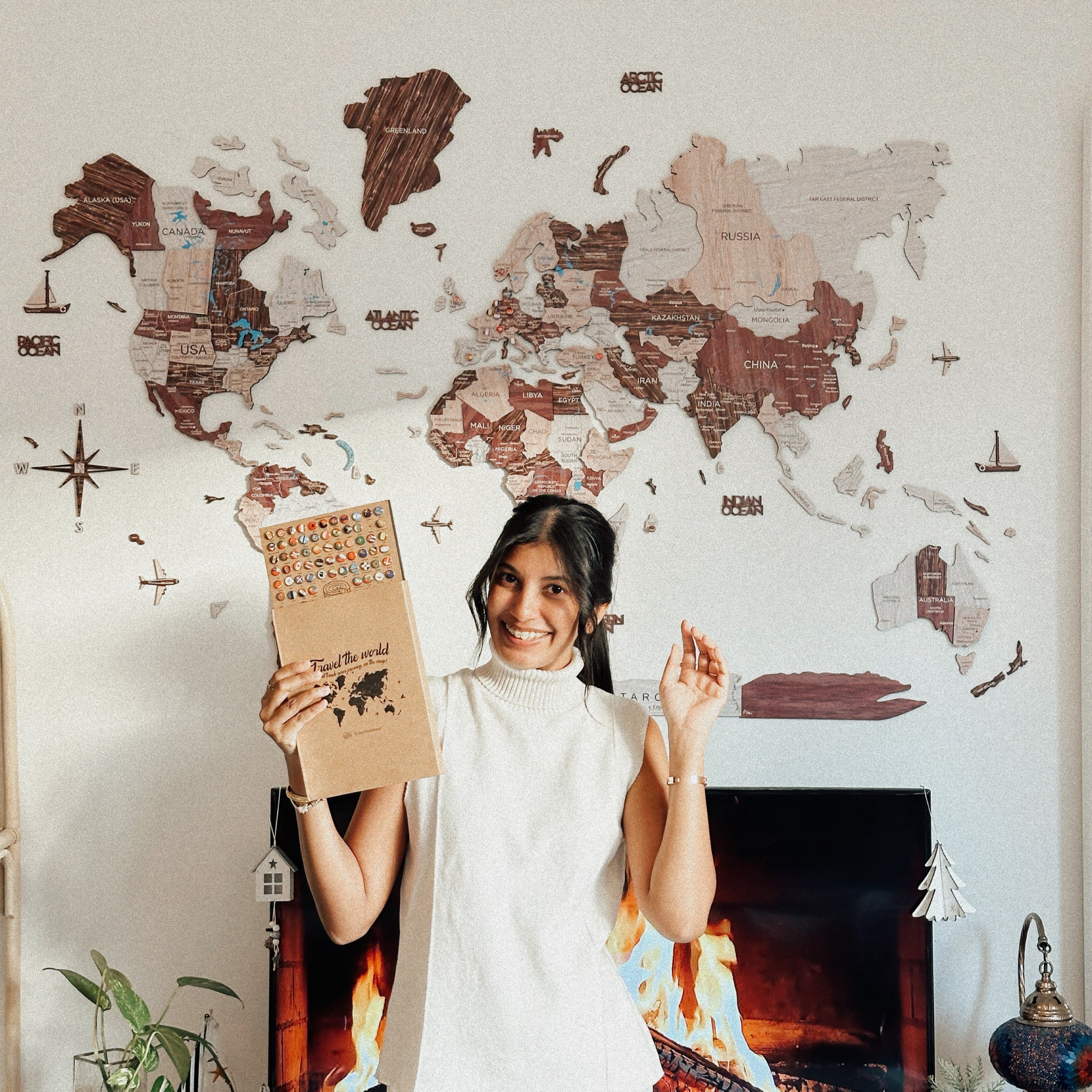 Mappa del mondo 3D in legno Cappuccino decorazione da parete