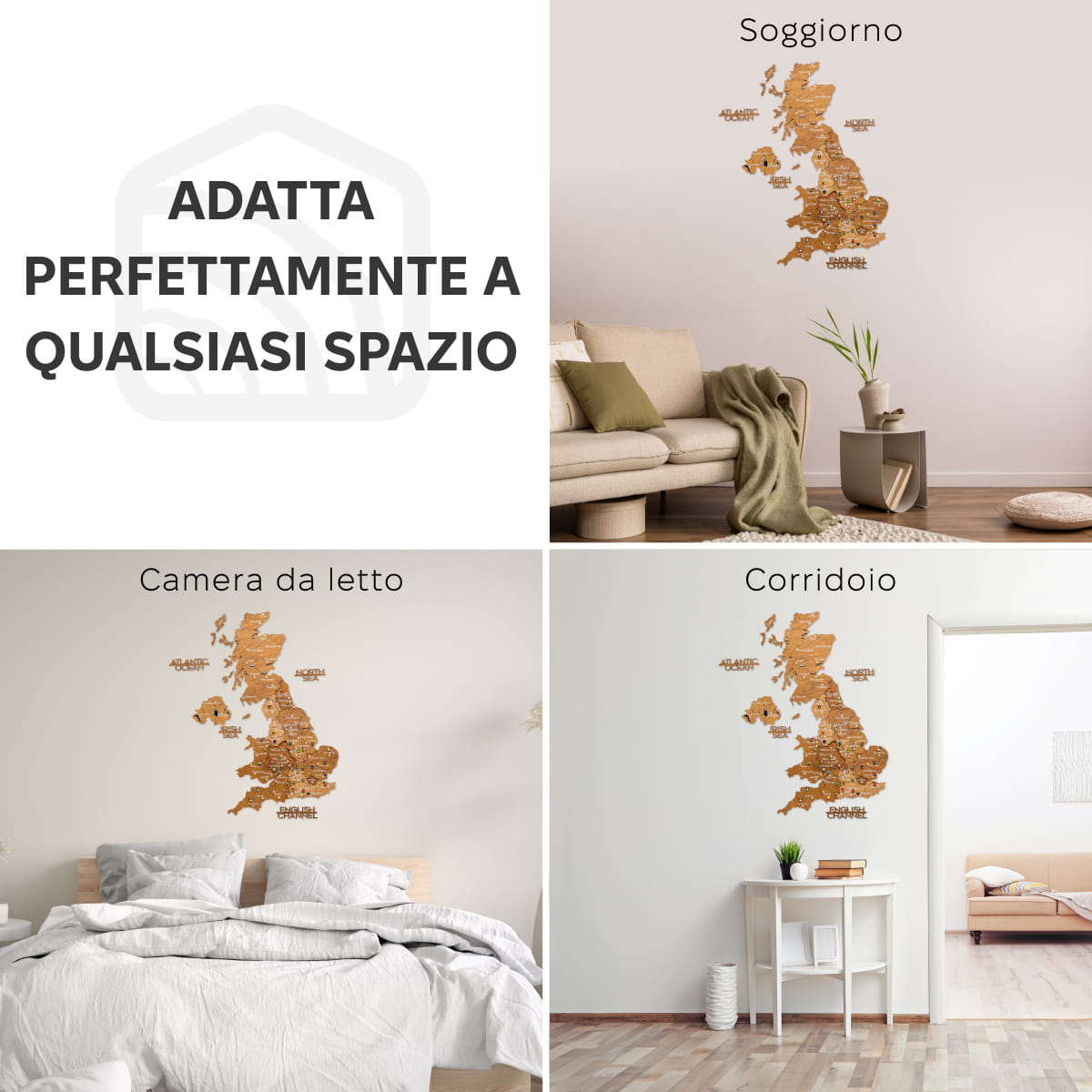 Mappa 3D del Regno Unito in legno Oak