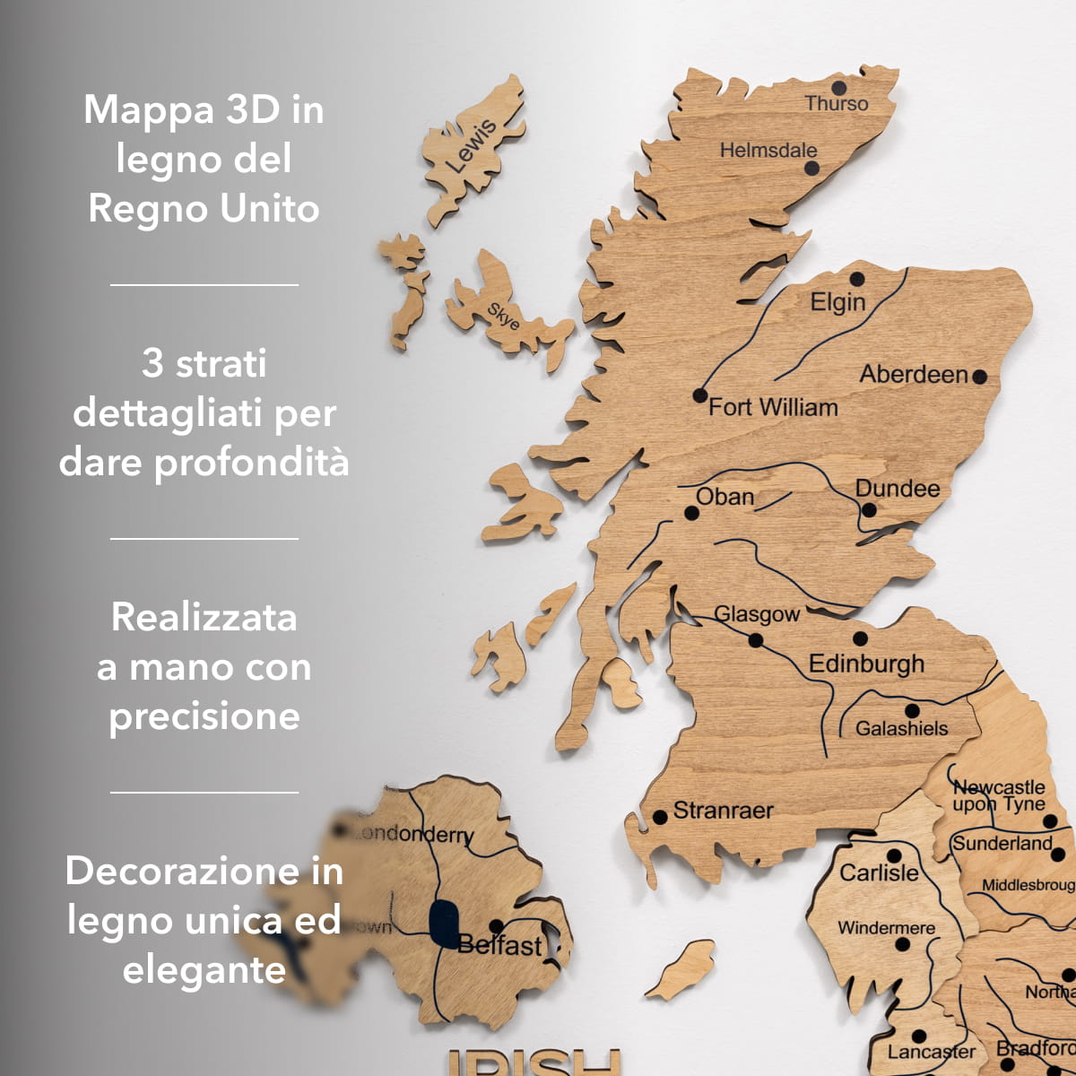 Mappa 3D del Regno Unito in legno Gold
