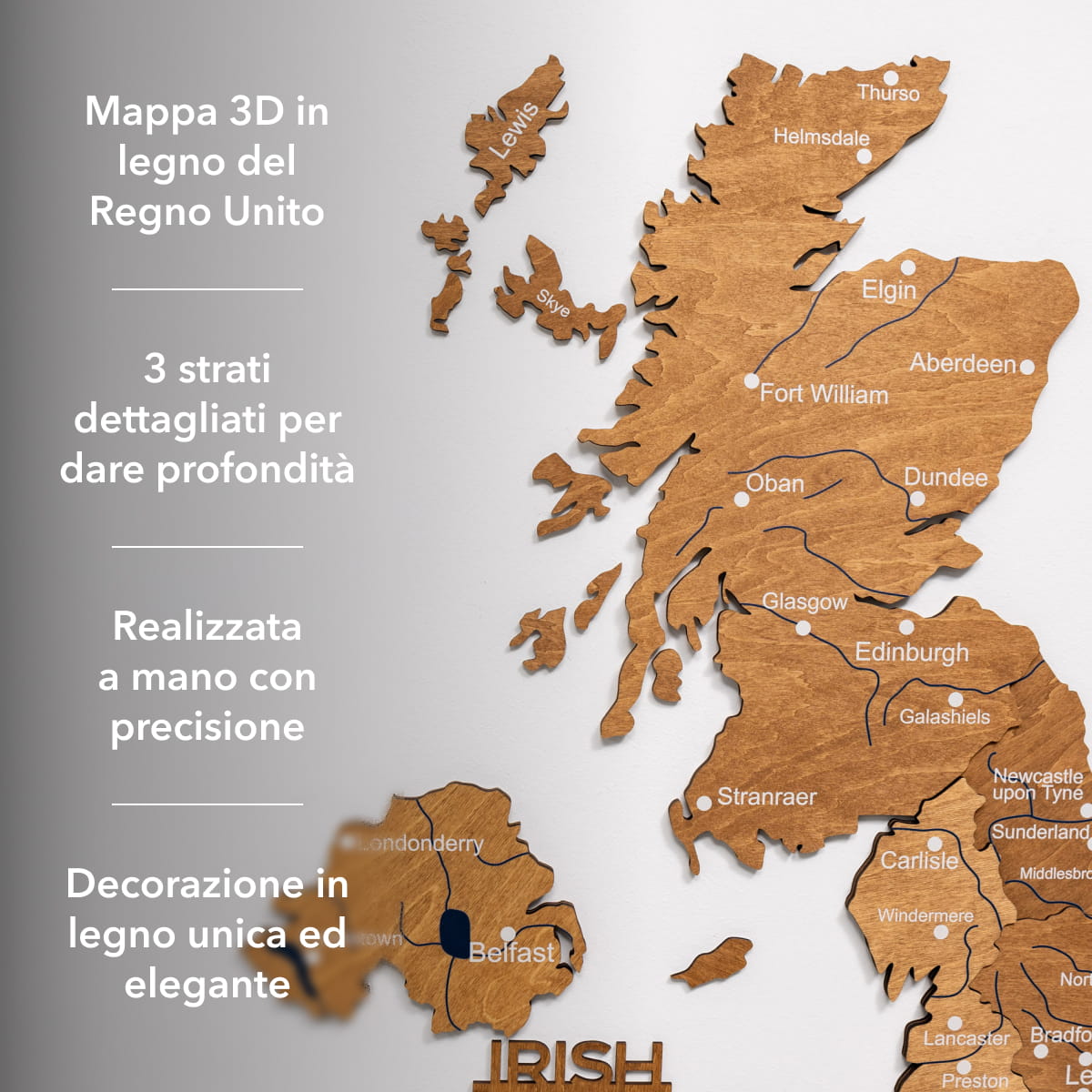 Mappa 3D del Regno Unito in legno Oak