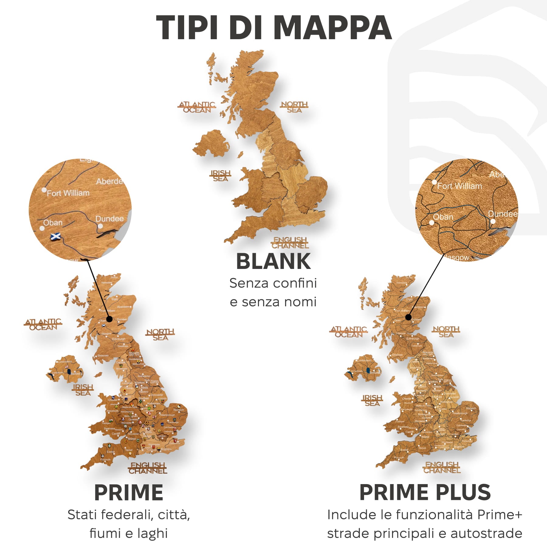 Mappa 3D del Regno Unito in legno Oak
