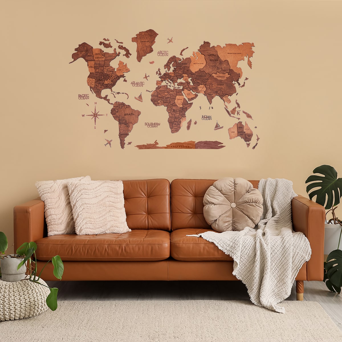 Mappa del Mondo 3D in Legno Rovere