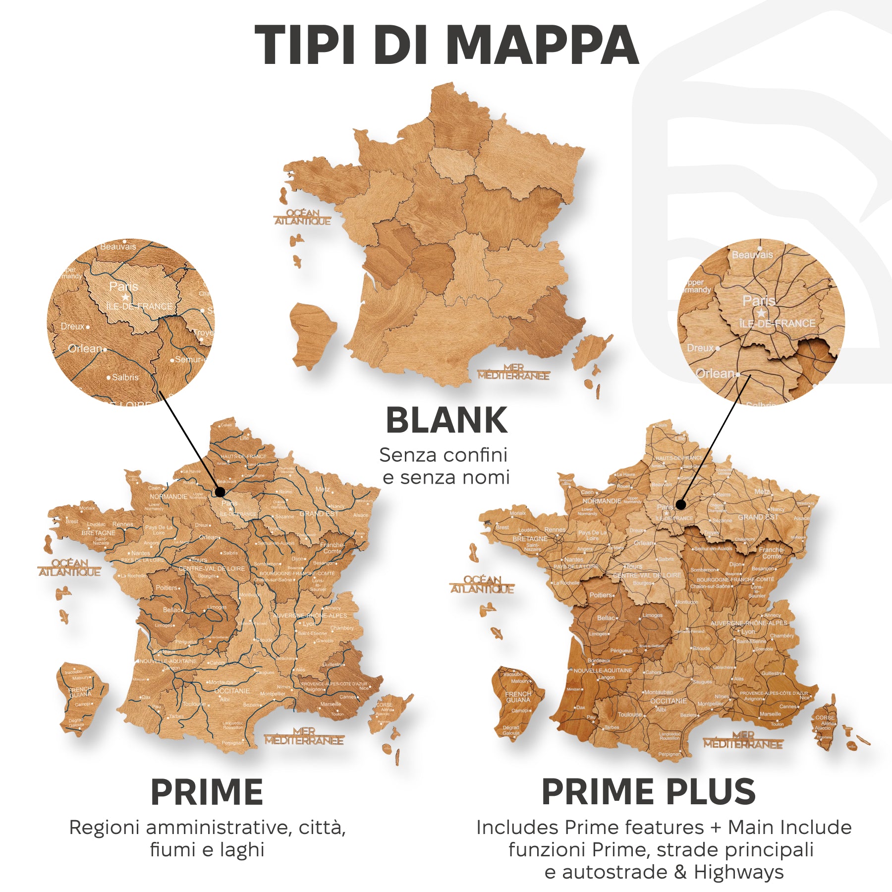 Mappa della Francia in legno Oak