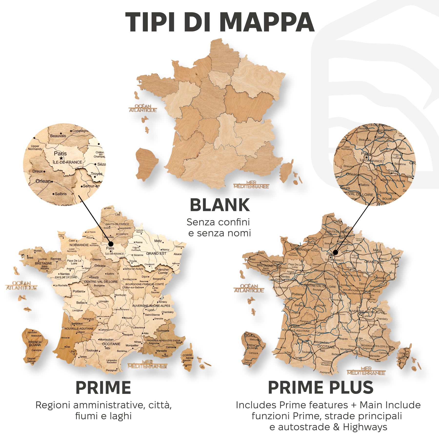 Mappa della Francia in legno Gold