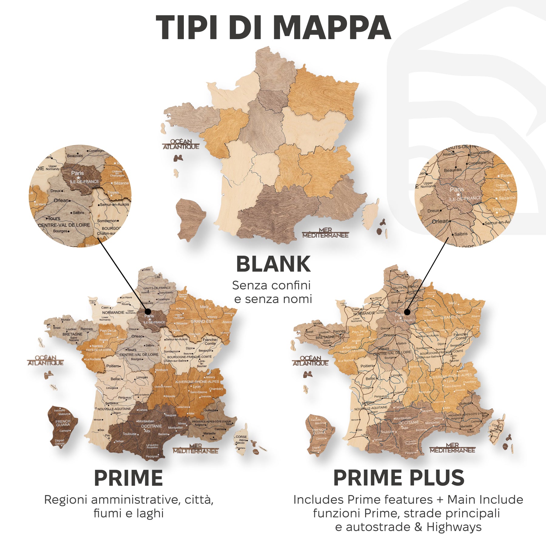 Mappa della Francia in legno Multicolor