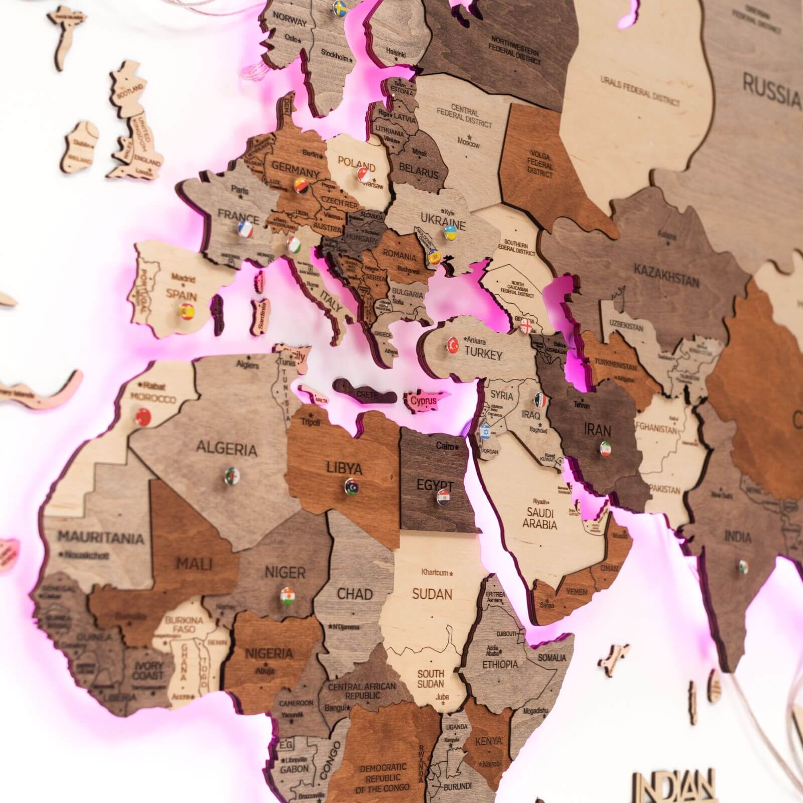 Mappa del Mondo 3D in Legno con Luce LED 3.0 Multicolore