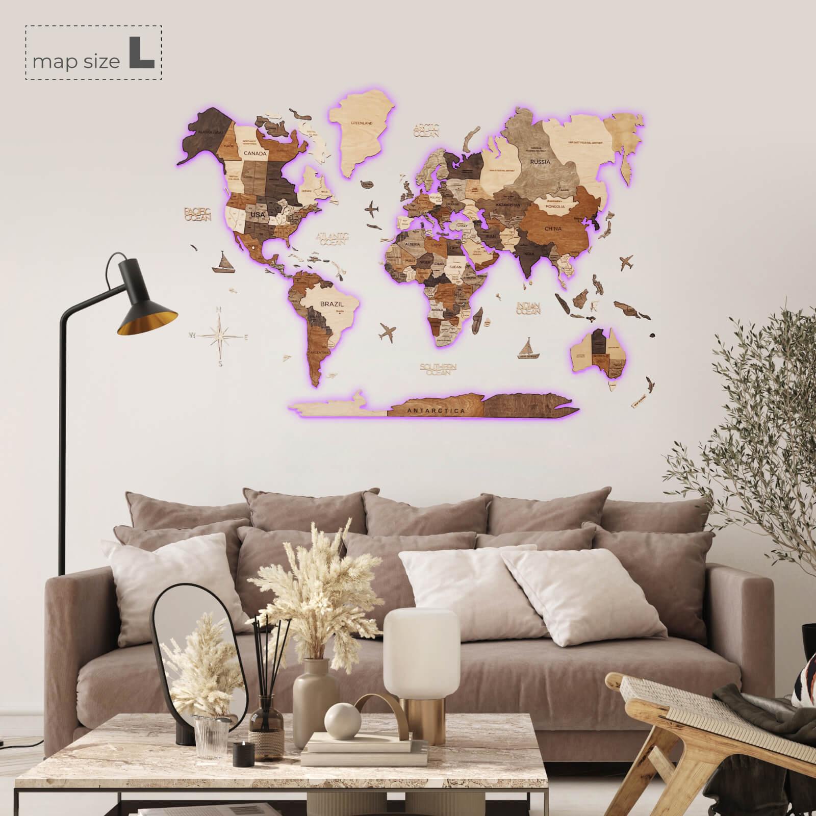 Mappa del Mondo 3D in Legno con Luce LED 3.0 Multicolore