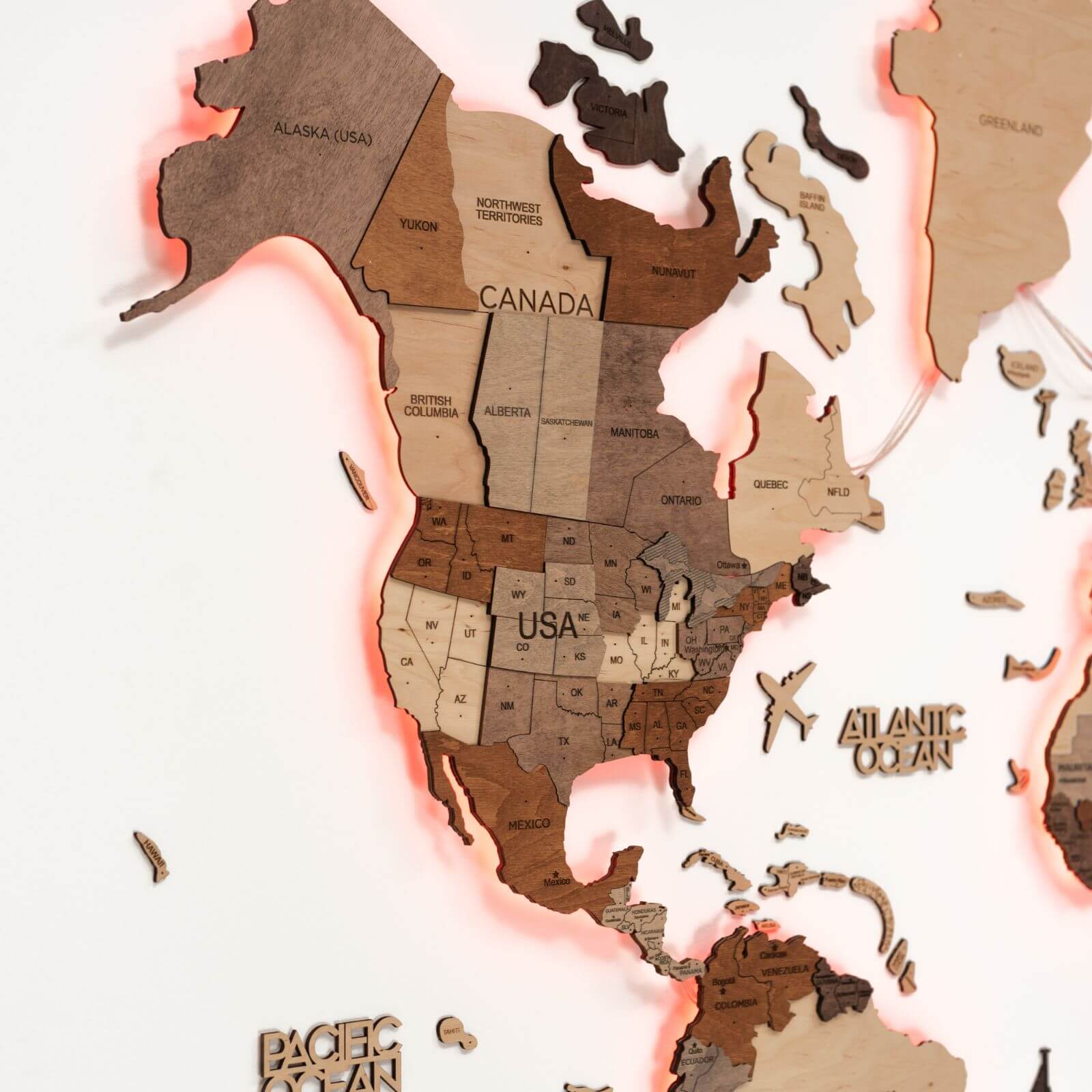 Mappa del Mondo 3D in Legno con Luce LED 3.0 Multicolore