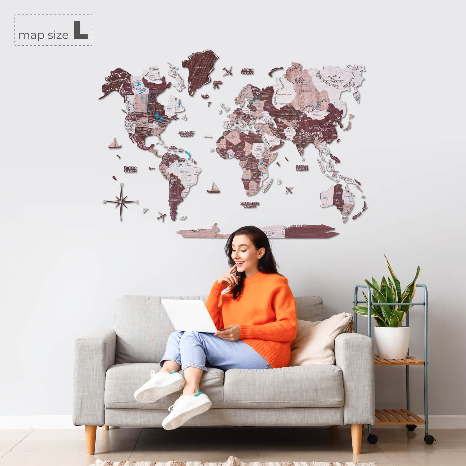 Mappa del mondo 3D in legno Cappuccino decorazione da parete