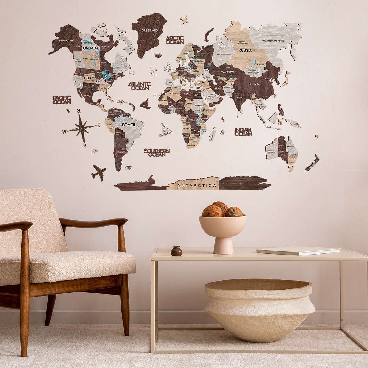 Mappa del mondo 3D in legno Cappuccino decorazione da parete