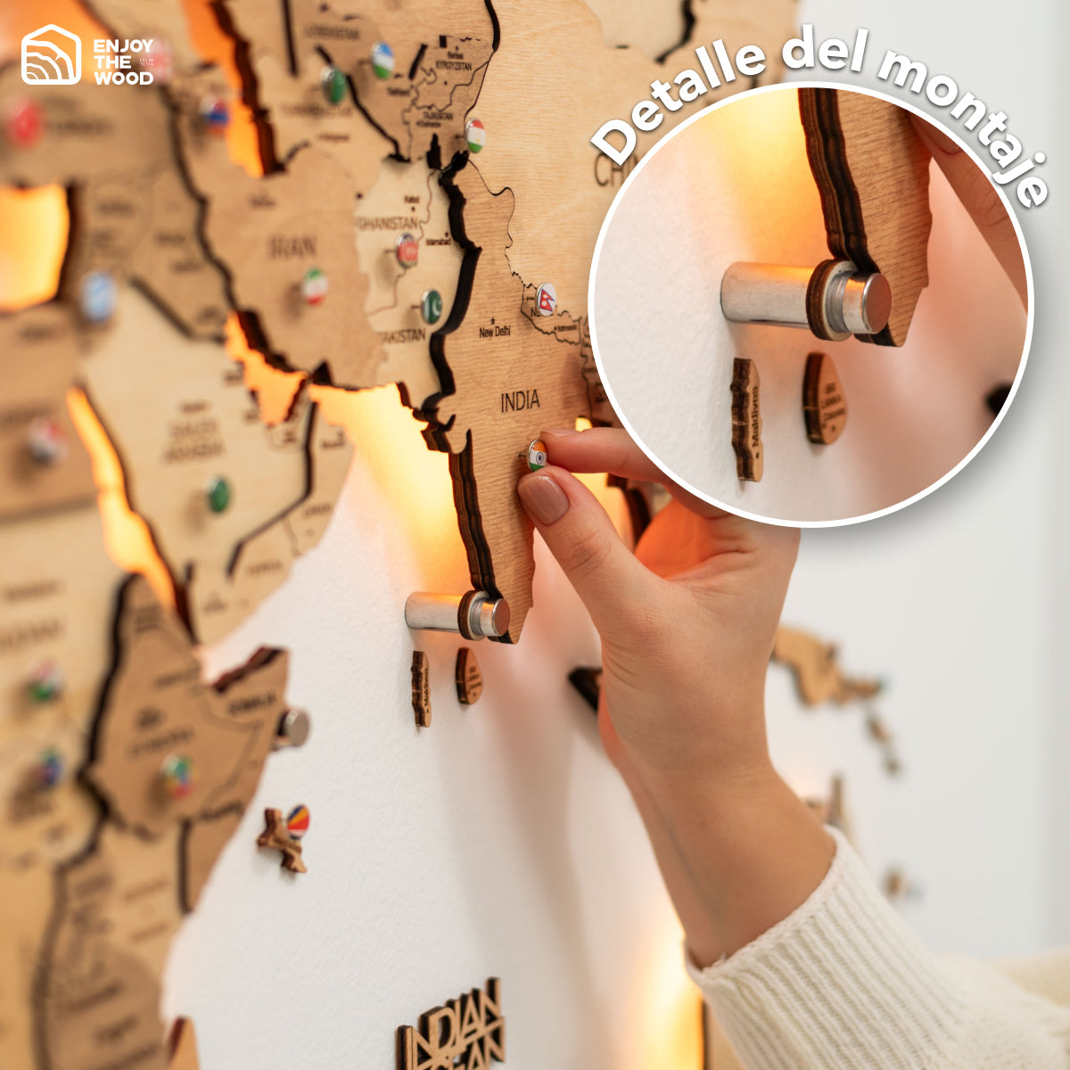 Mappa del Mondo 3D in Legno con Luce LED 3.0 Chiaro