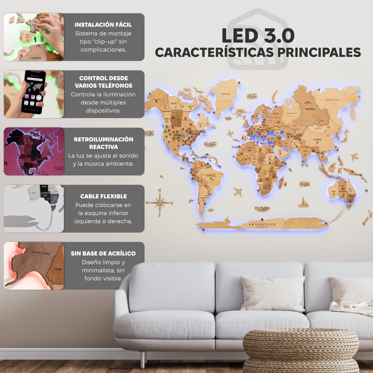 Mappa del Mondo 3D in Legno con Luce LED 3.0 Chiaro