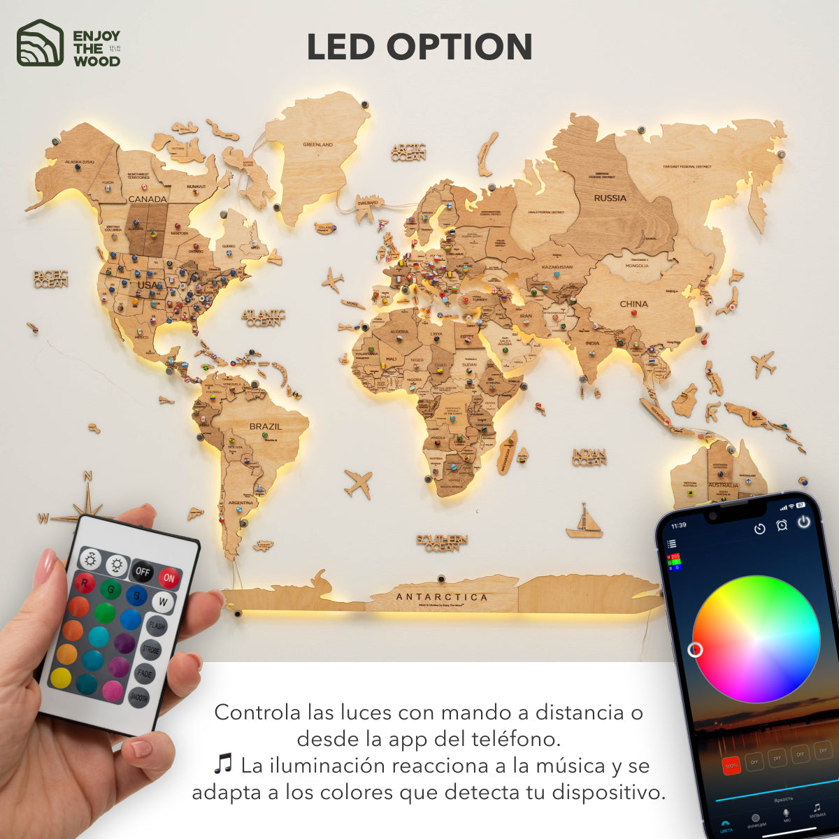 Mappa del Mondo 3D in Legno con Luce LED 3.0 Chiaro