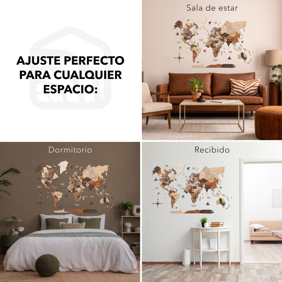 Mappa del mondo 3D in legno multicolore da parete