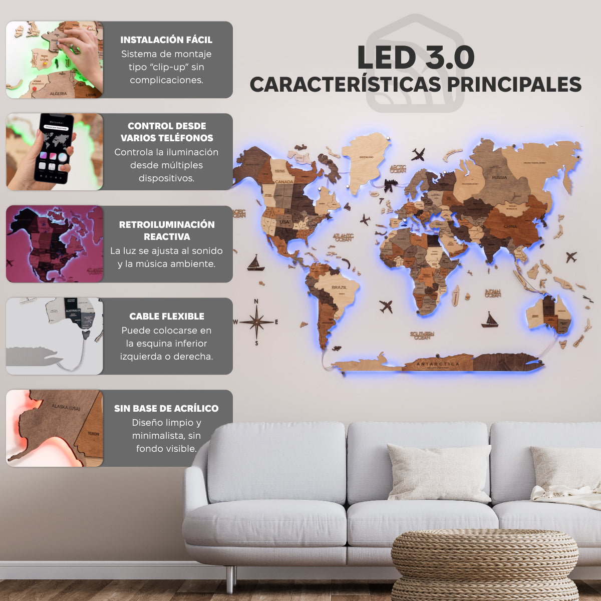Mappa del Mondo 3D in Legno con Luce LED 3.0 Multicolore