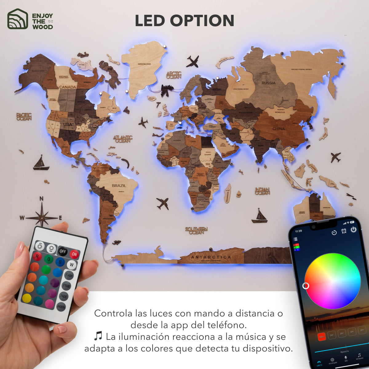 Mappa del Mondo 3D in Legno con Luce LED 3.0 Multicolore