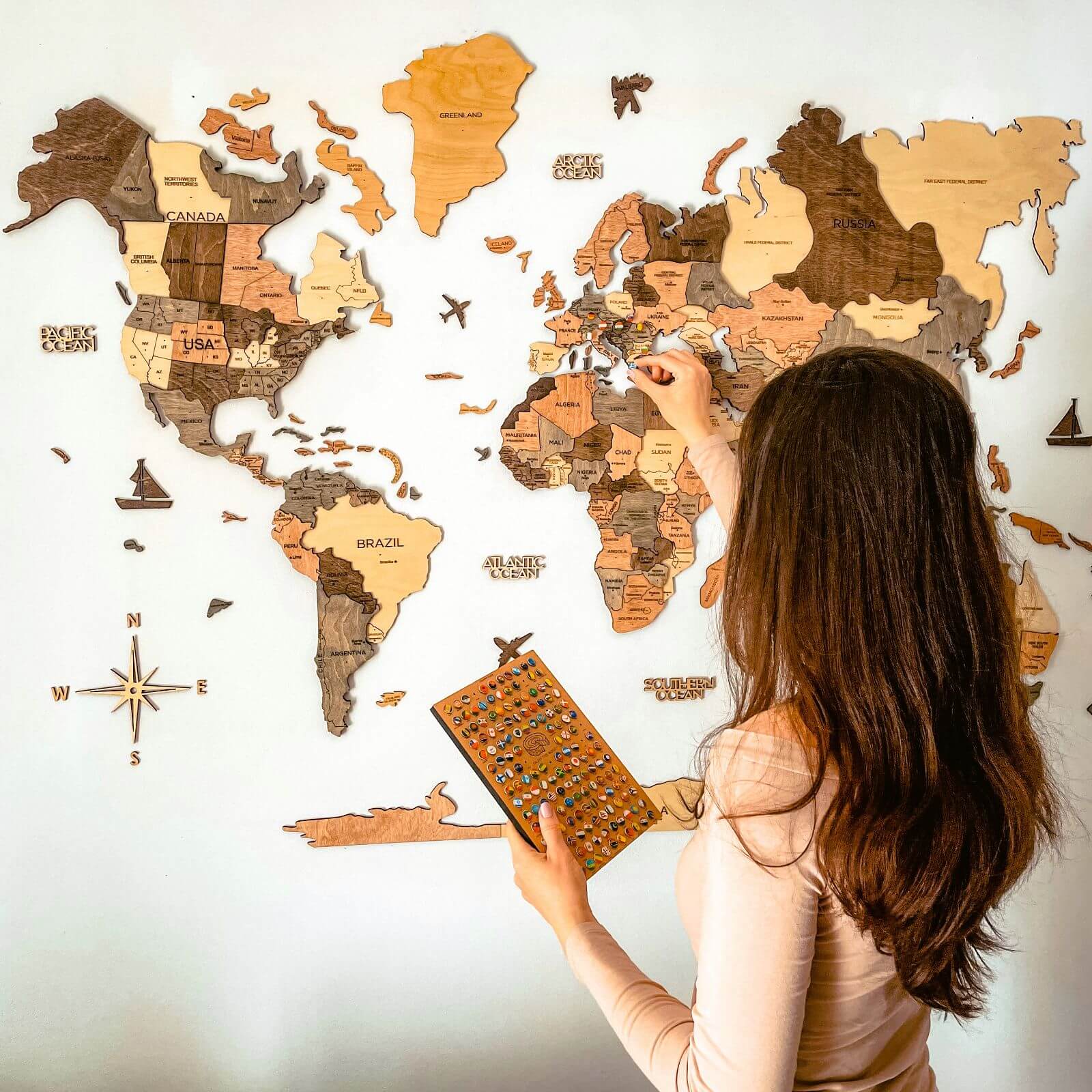 Mappa del Mondo 3D in Legno Smokey