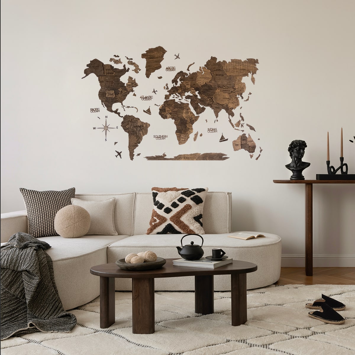 Mappa del Mondo 3D in Legno Noce Scuro