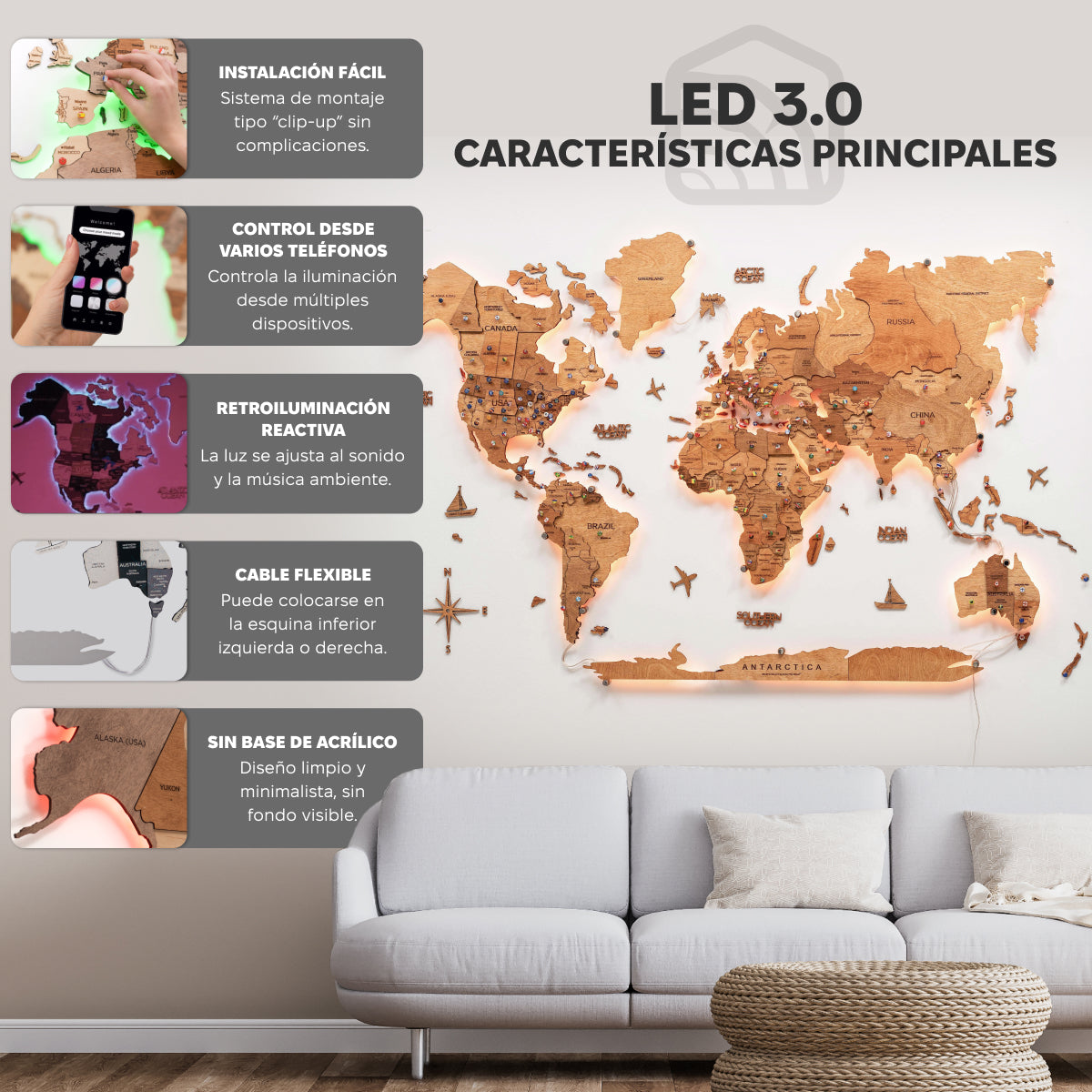 Mappa del Mondo 3D in Legno con Luce LED 3.0 Rovere