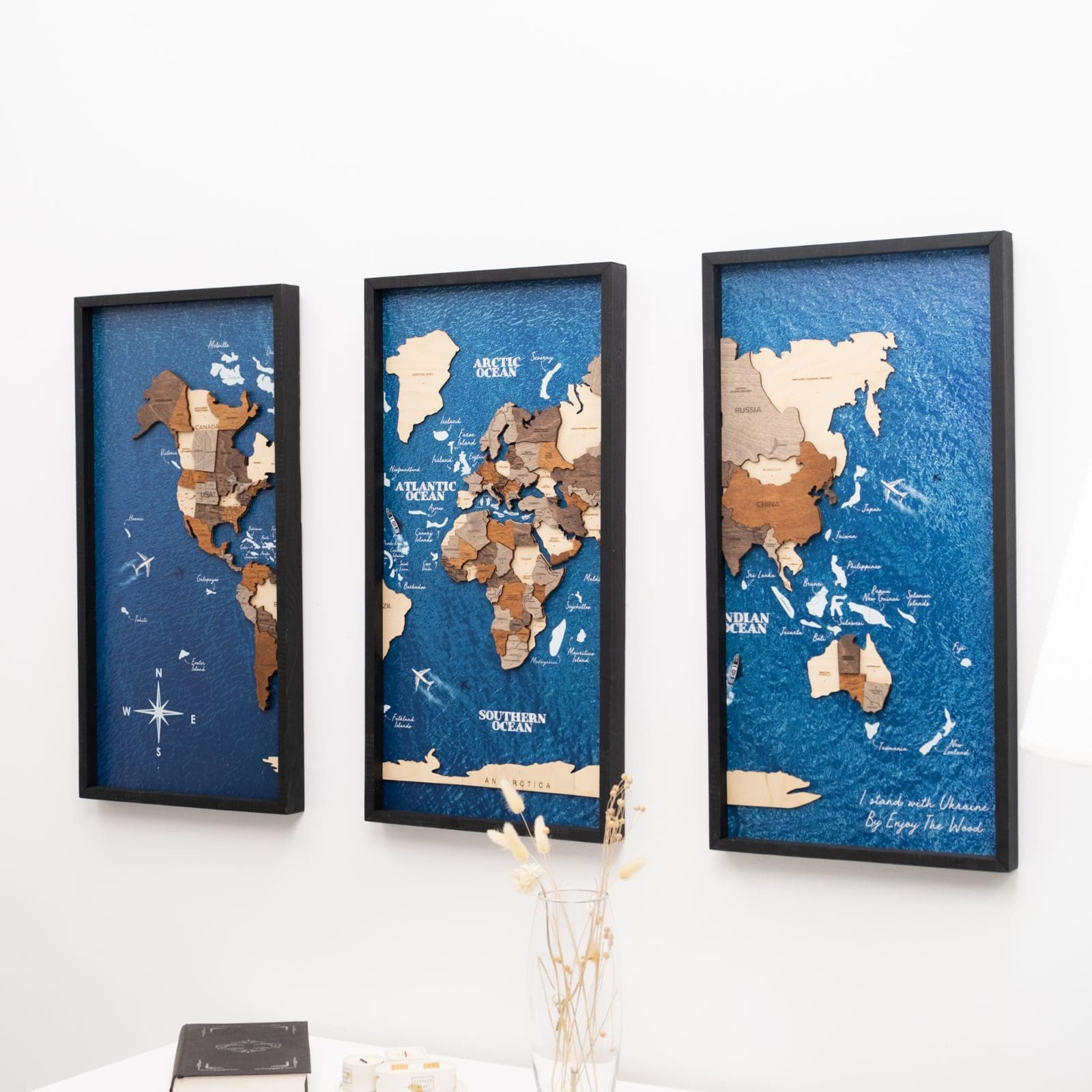 Mappa del Mondo 3D in Legno Multicolore – Trittico da Parete