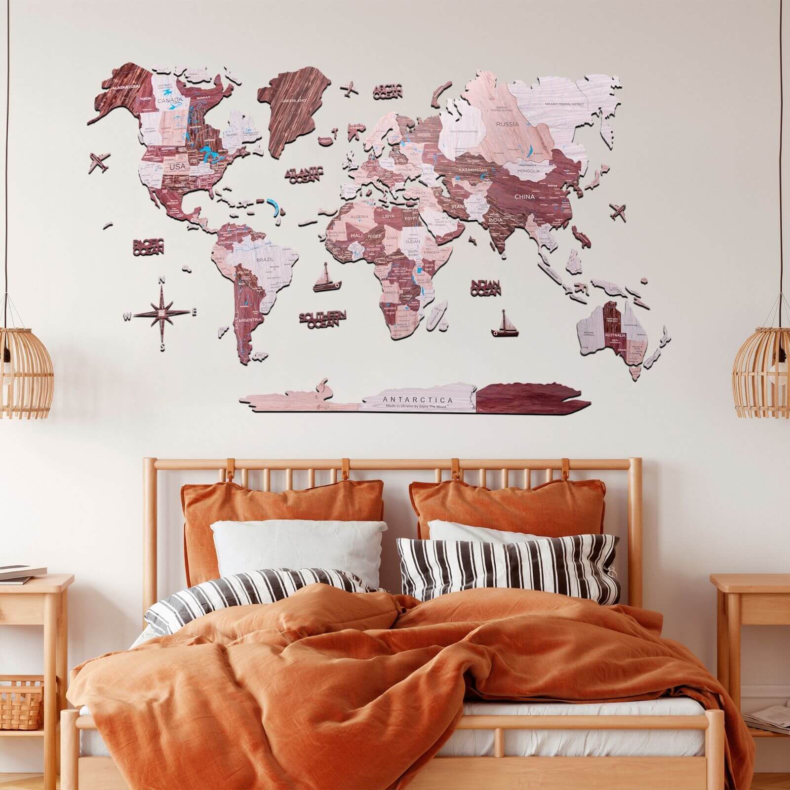 Mappa del Mondo 2D in Legno Cappuccino