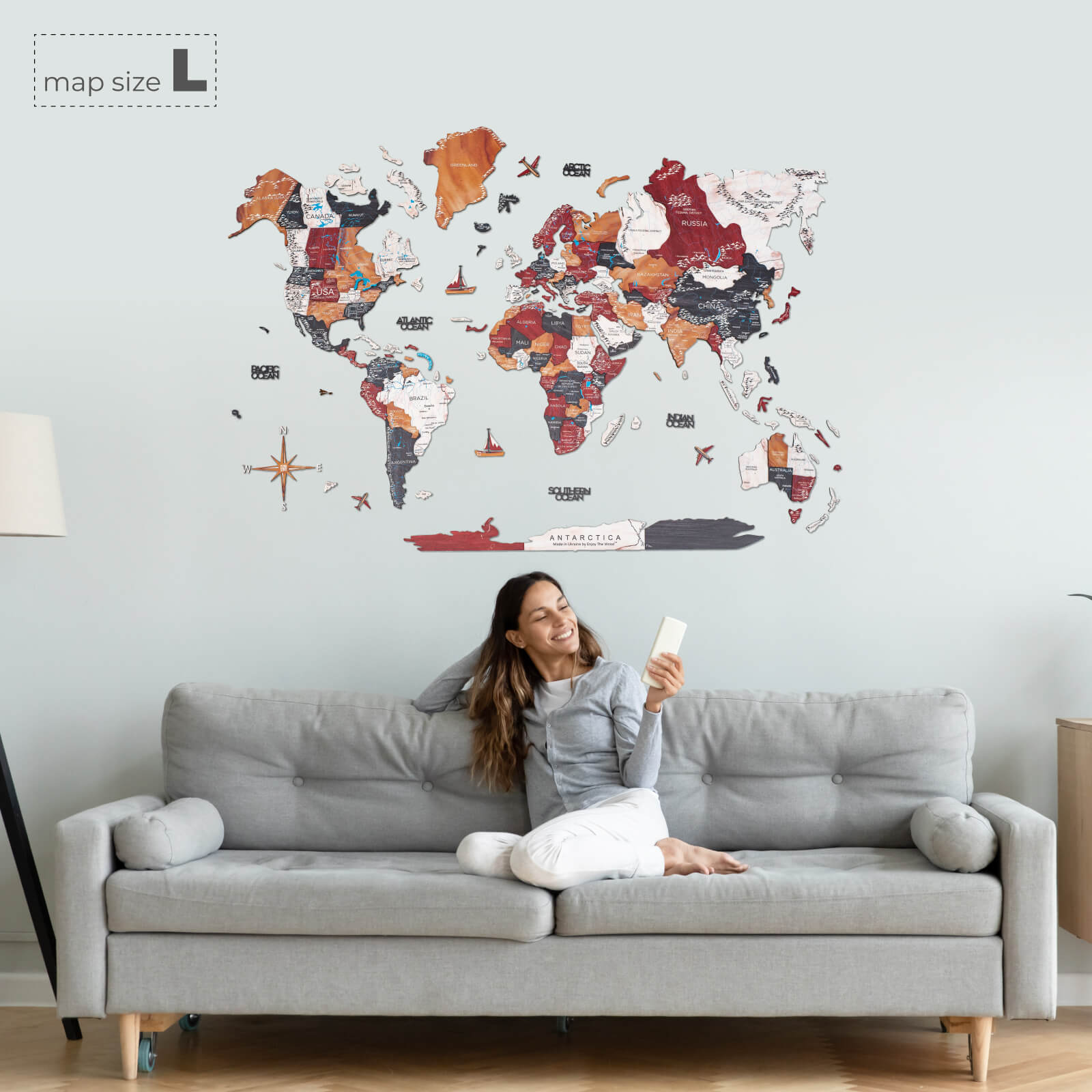 Mappa del mondo 3D in legno colore Onice su parete