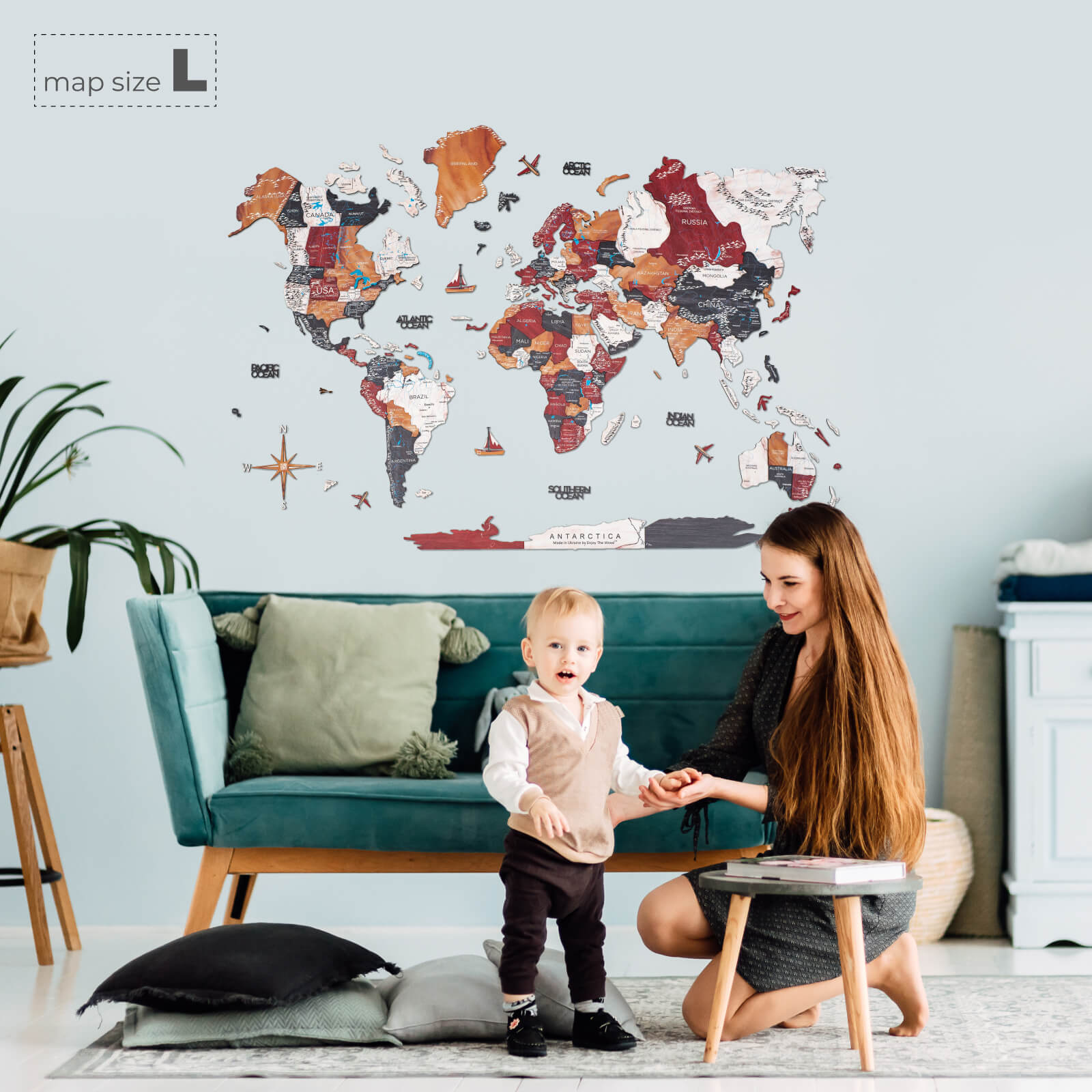 Mappa del mondo 3D in legno colore Onice su parete