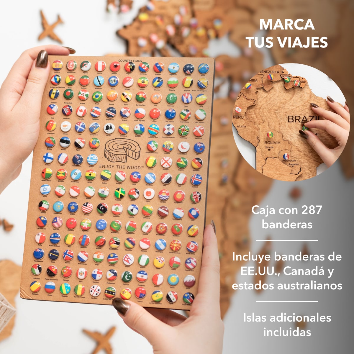 Mappa del Mondo 3D in Legno Rovere